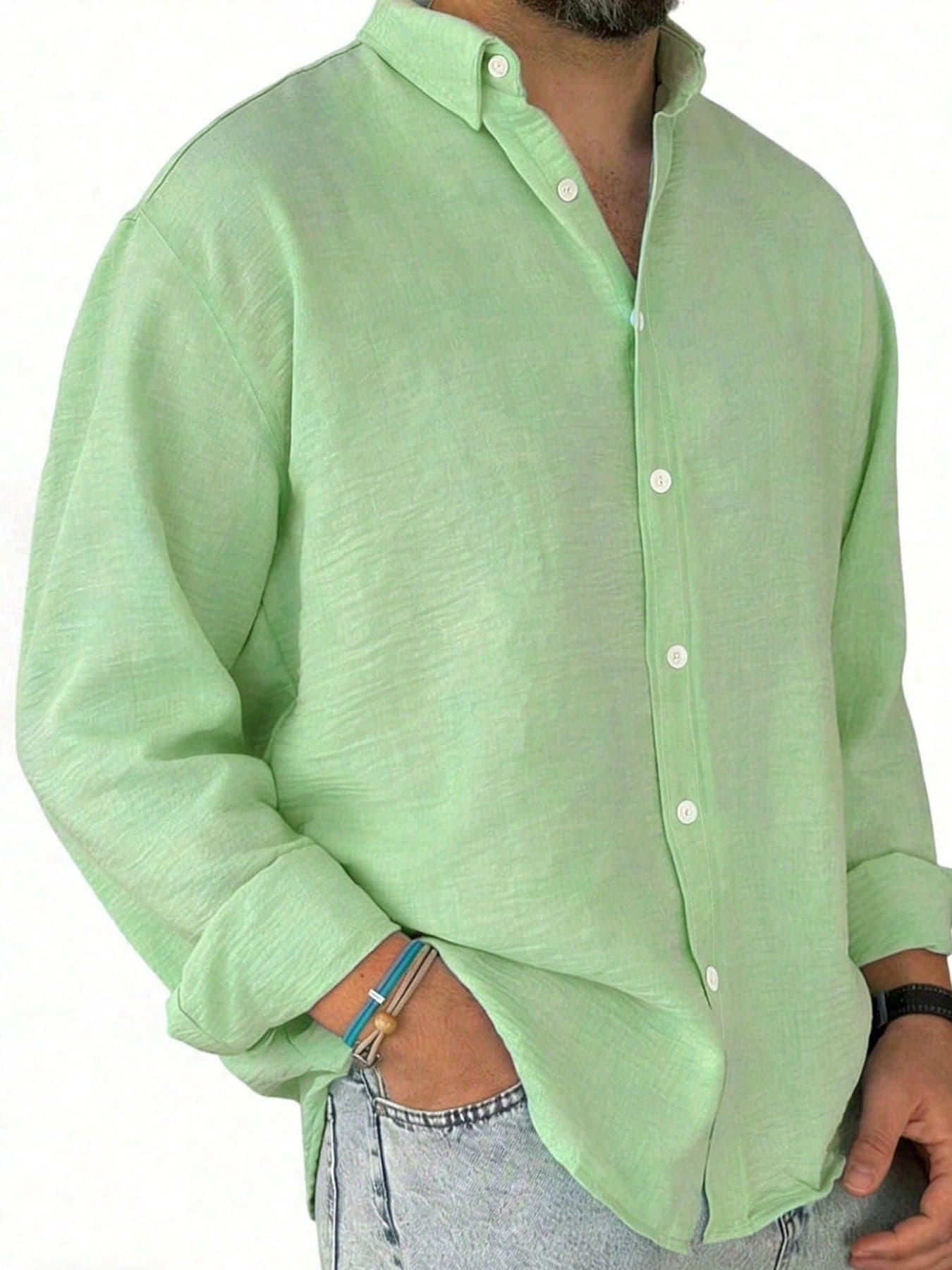 Men's Solid Blue Casual Long Sleeve Shirt, Outdoor Leisure Minimalist Fashion Shirt, Casual Top