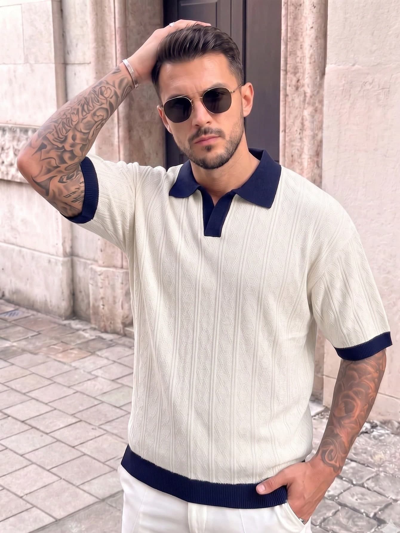 Men's Knitted Polo Shirt, Contrast Color Collar, Short Sleeve, Loose Fit, Dropped Shoulder, Italian Luxury Style, Vertical Stripe Texture, Color Block Trim, Spring/Summer