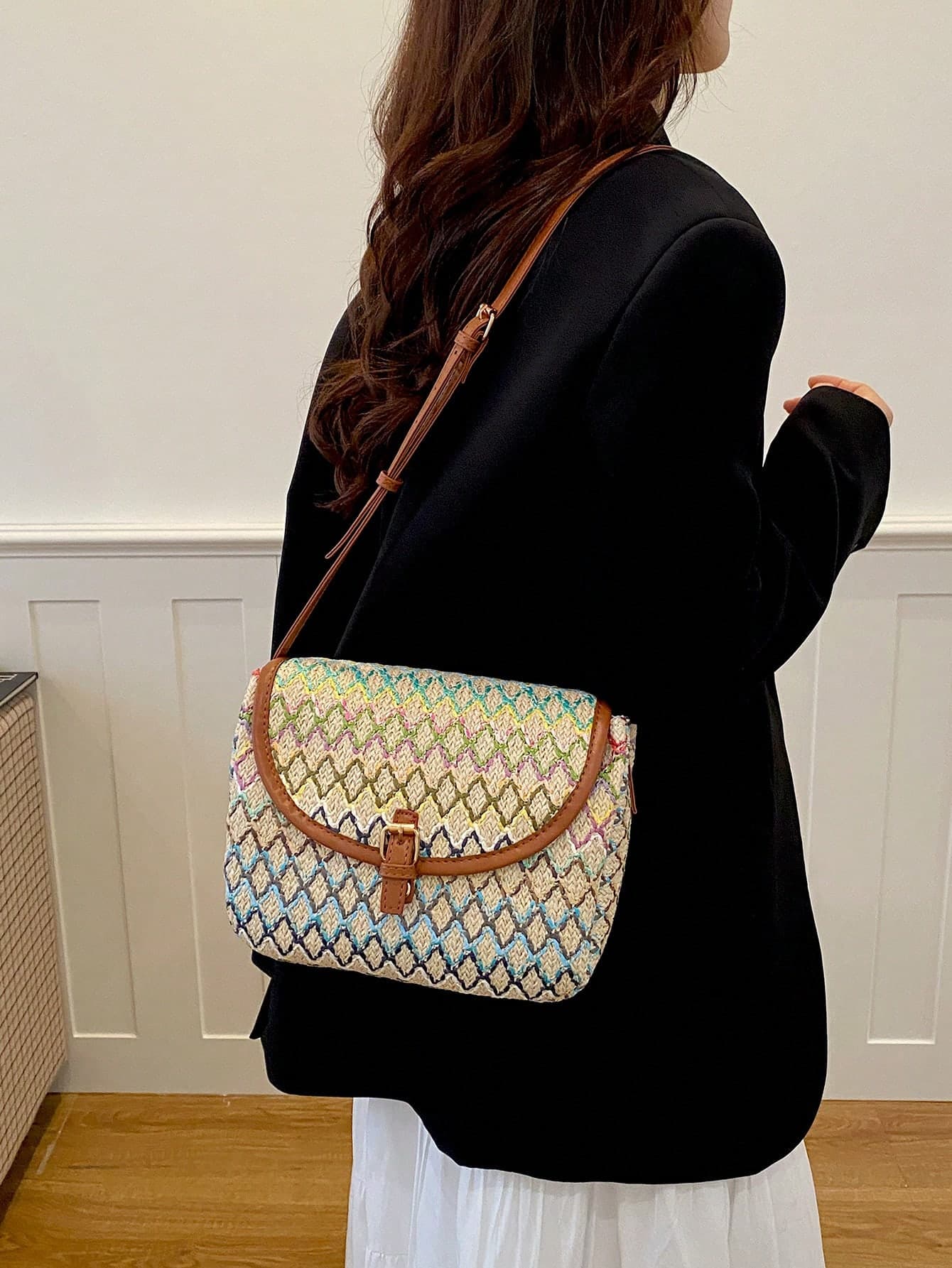 New Fashion Straw Woven Bag, Shoulder Crossbody Bag, Women's Versatile Elegant Straw Saddle Bag