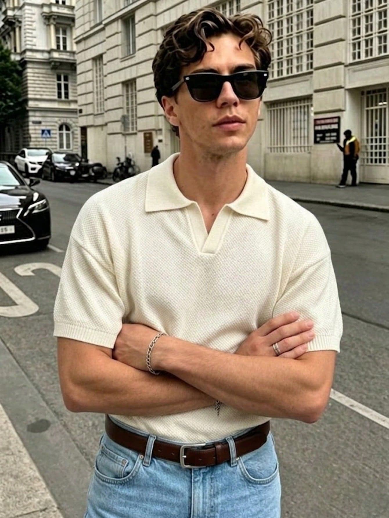 Men's Knitted Polo Shirt, Turn-Down Collar, V-Neck, Short Sleeve, Loose Fit, Old Money Style, Solid Color, Textured Grid Pattern, Thin Knit Polo Top, Spring/Summer