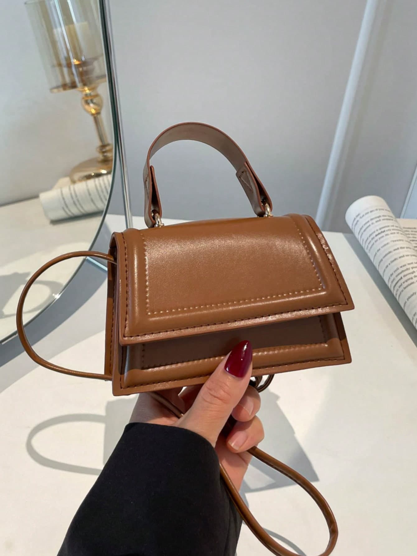 Fashion Women's Black Mini Flap Handbag, PU Thin Handle Ultra Small Crossbody Lipstick Coin Purse, Minimalist Style Daily Street Mini Shoulder Bag Accessory