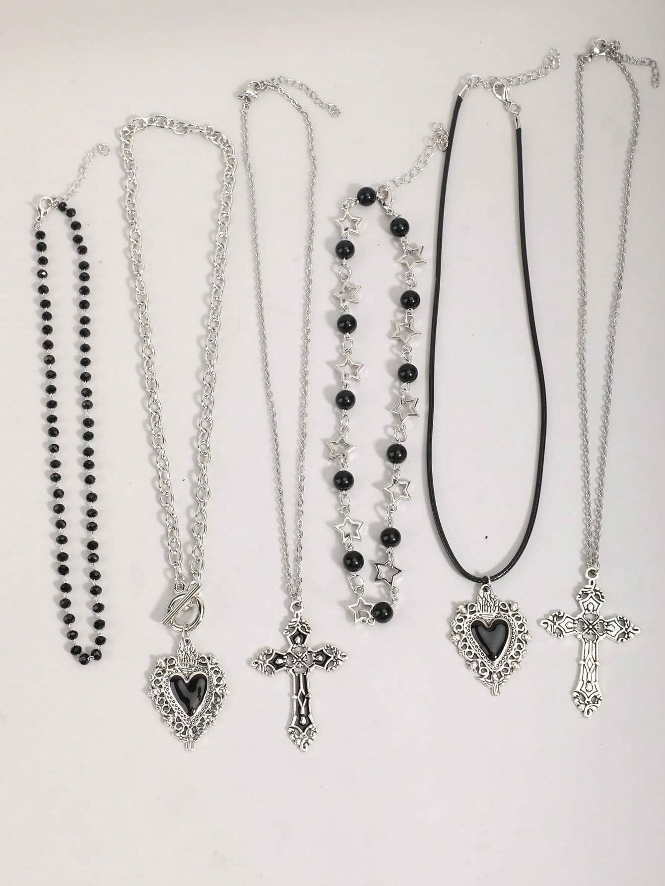 6pcs Vintage Gothic Style Layered Black Cross & Star Necklace Choker Collar Chain Sweet Cool Hot Girl Heart Collarbone Chain Niche Accessory Star Four-Pointed Star Rhinestone Atmosphere Water Drop Collarbone Chain Sweet Cool Neck Chain New Y2K Cross Women Necklace Set