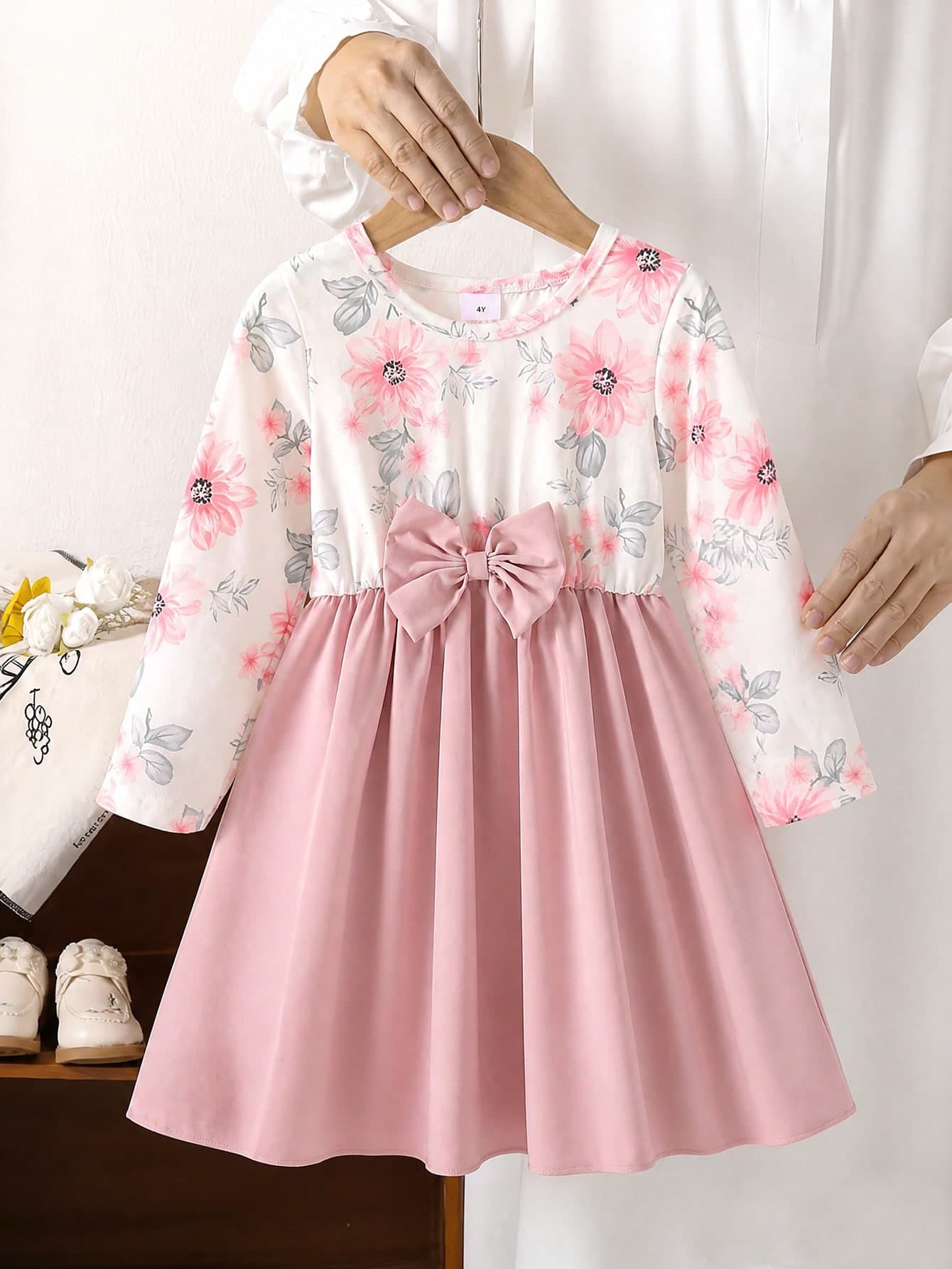4-8 Years Old Girls Floral Print Elegant Long Sleeve Dress - Suitable For Daily Wear, Party Attendance Or Gift
