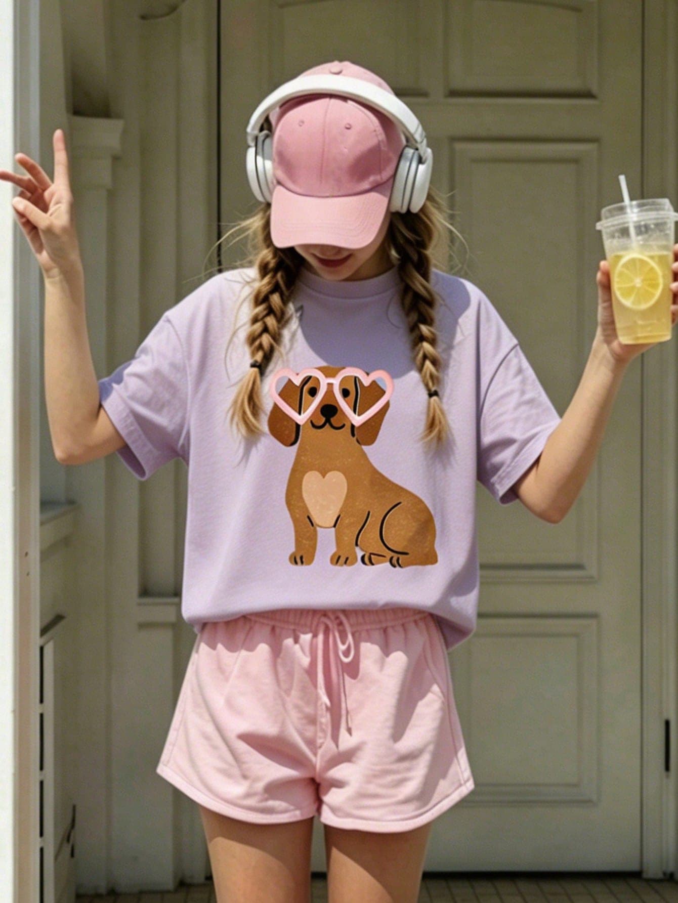 Girls Cute Dachshund Dog With Heart-Shaped Sunglasses Pattern T-Shirt, Summer Casual Crew Neck Short Sleeve T-Shirt, Cute Dog Daily Wear Top, Suitable For Teenage Girls