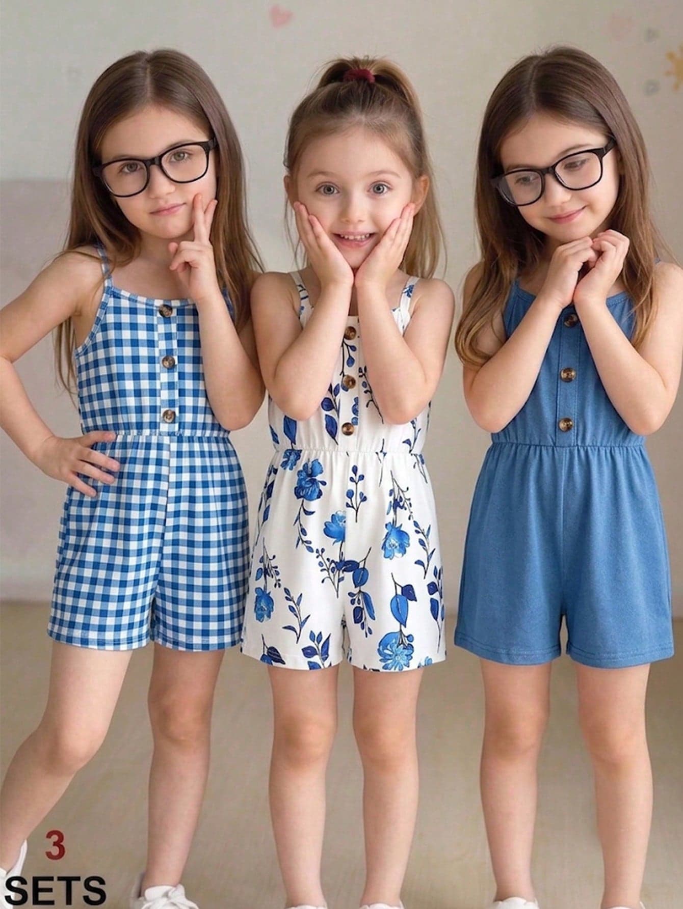 3pcs/Set Young Girls' Summer Fashion Versatile Knit Floral Print Camisole Romper + Solid Color Button Camisole Romper + Plaid Print Button Patchwork Camisole Romper, Suitable For Outdoor Wear
