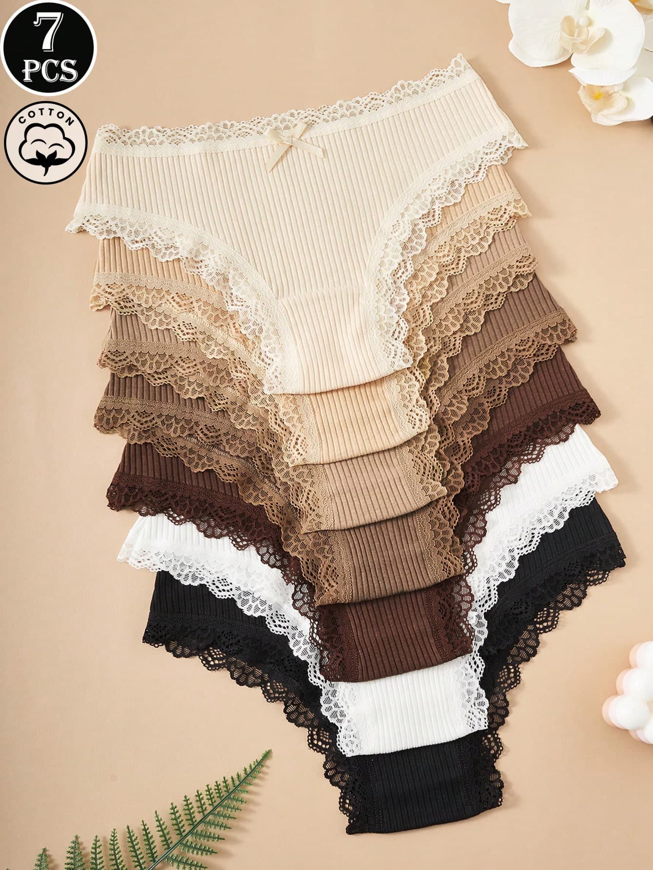 7pcs/Pack Women's Floral Contrast Color Lace Trim 100% Cotton Panties