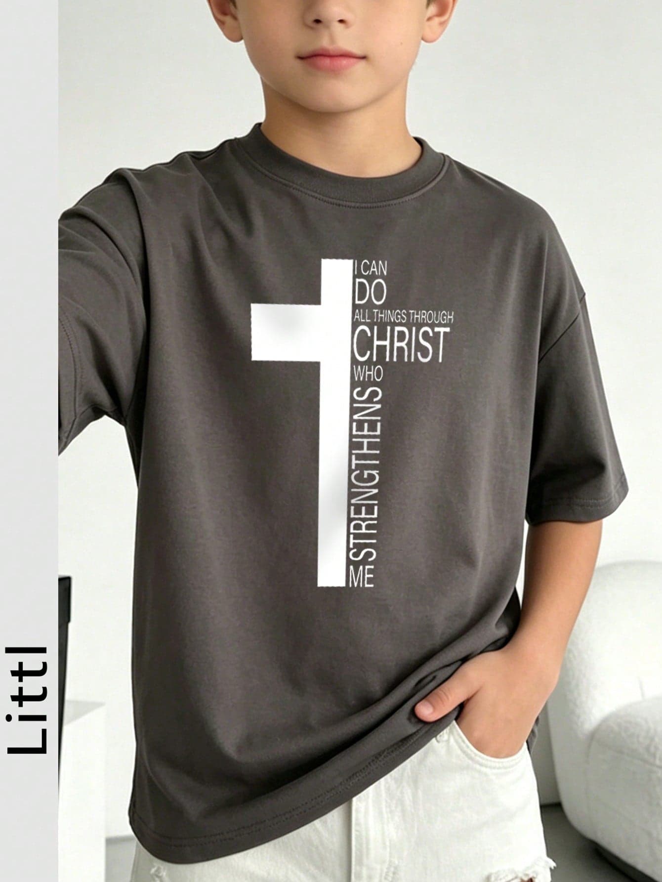 Tween Boys Casual Printed White Crew Neck Short Sleeve T-Shirt, Summer Top