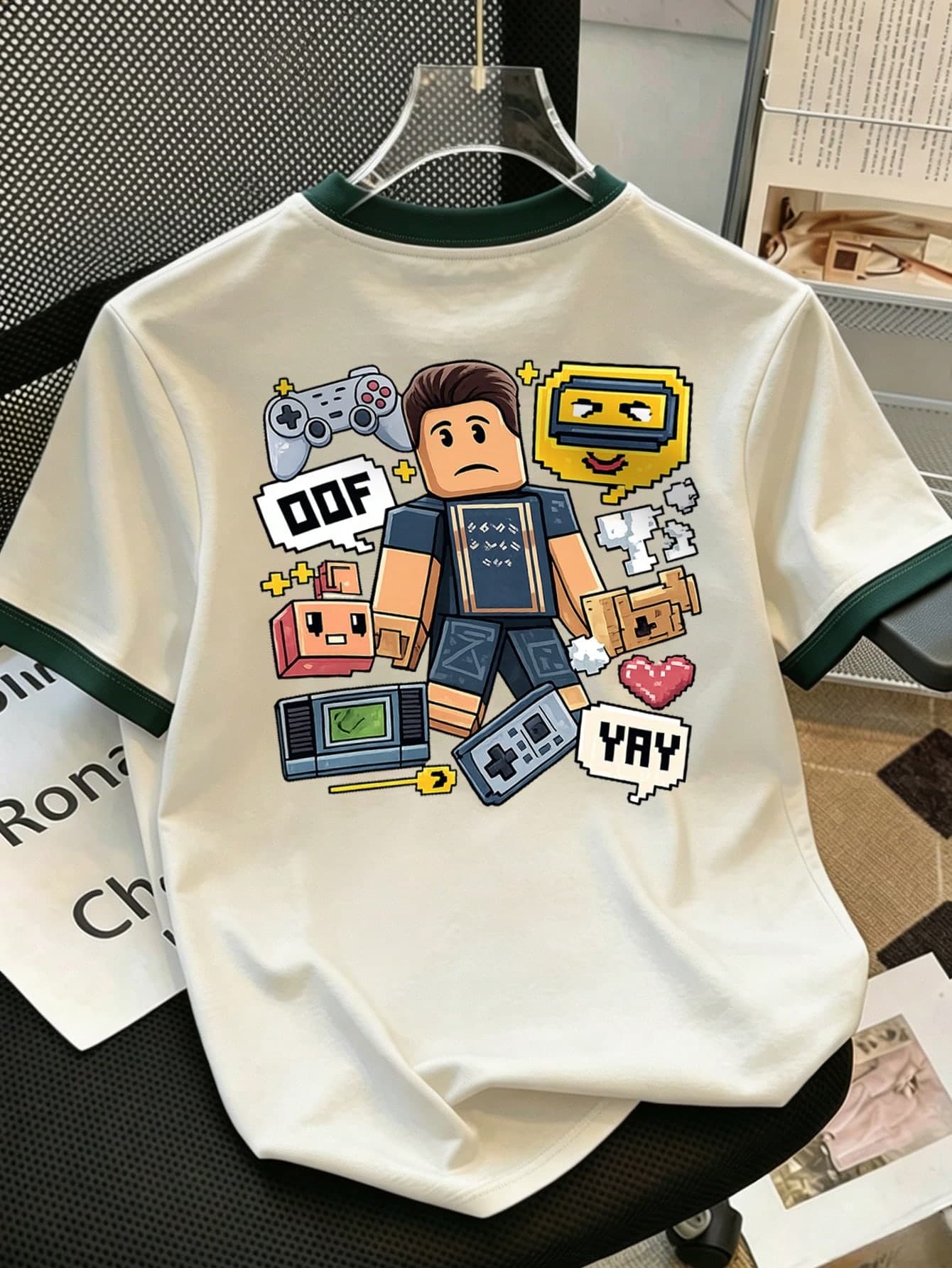 Boys' Colorblock Trim Pixel Art Game Theme T-Shirt, Breathable Short Sleeve Casual Top