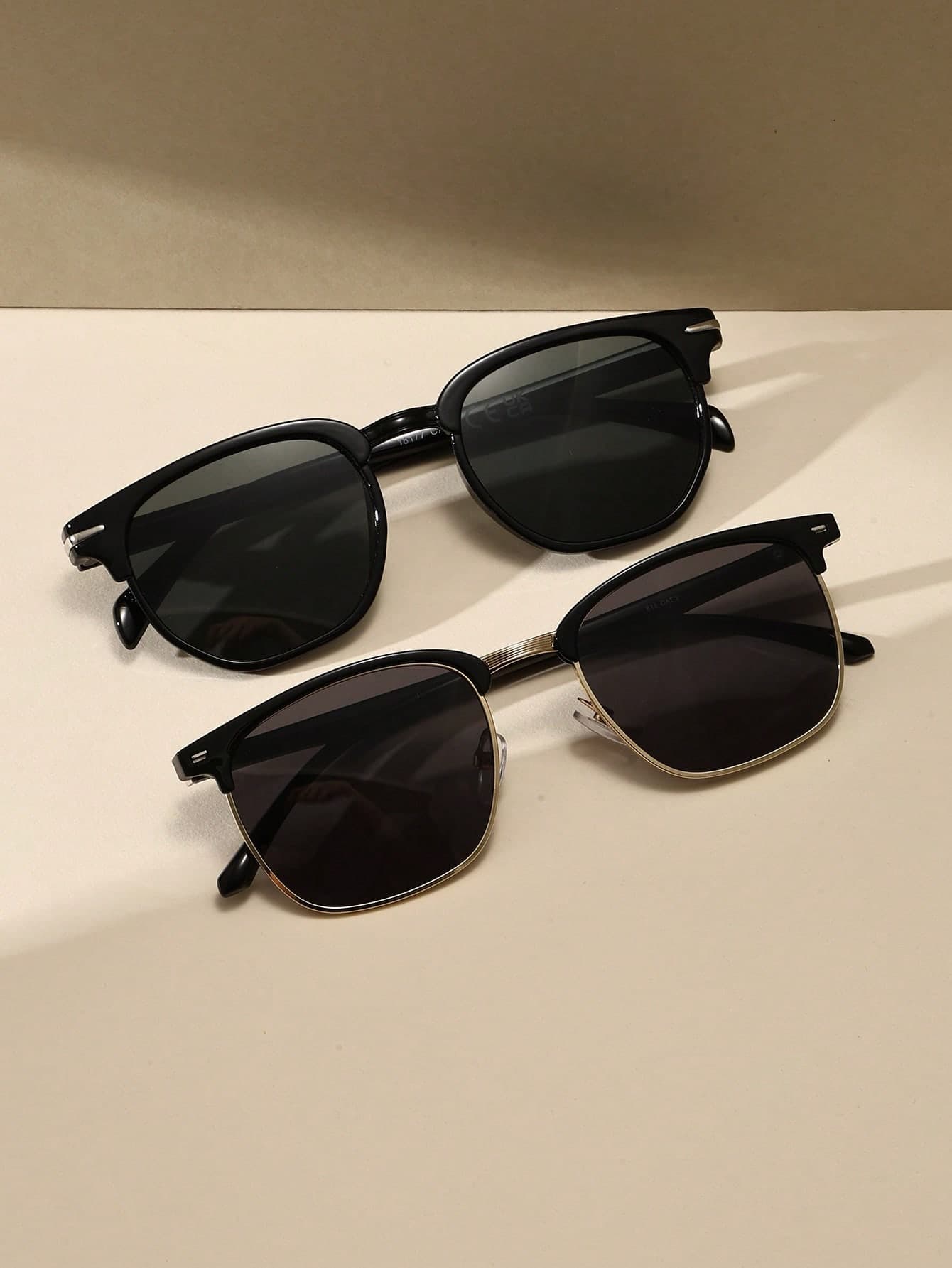 2PCS Casual Sunglasses For Men And Women, Retro Square Frame Plastic Black Fashion Glasses, Classic Style Decorative Outdoor Travel Beach Vacation Casual Daily Wear Summer Sun Protection Anti-Glare Driving Anti-UV Sunglasses For Women