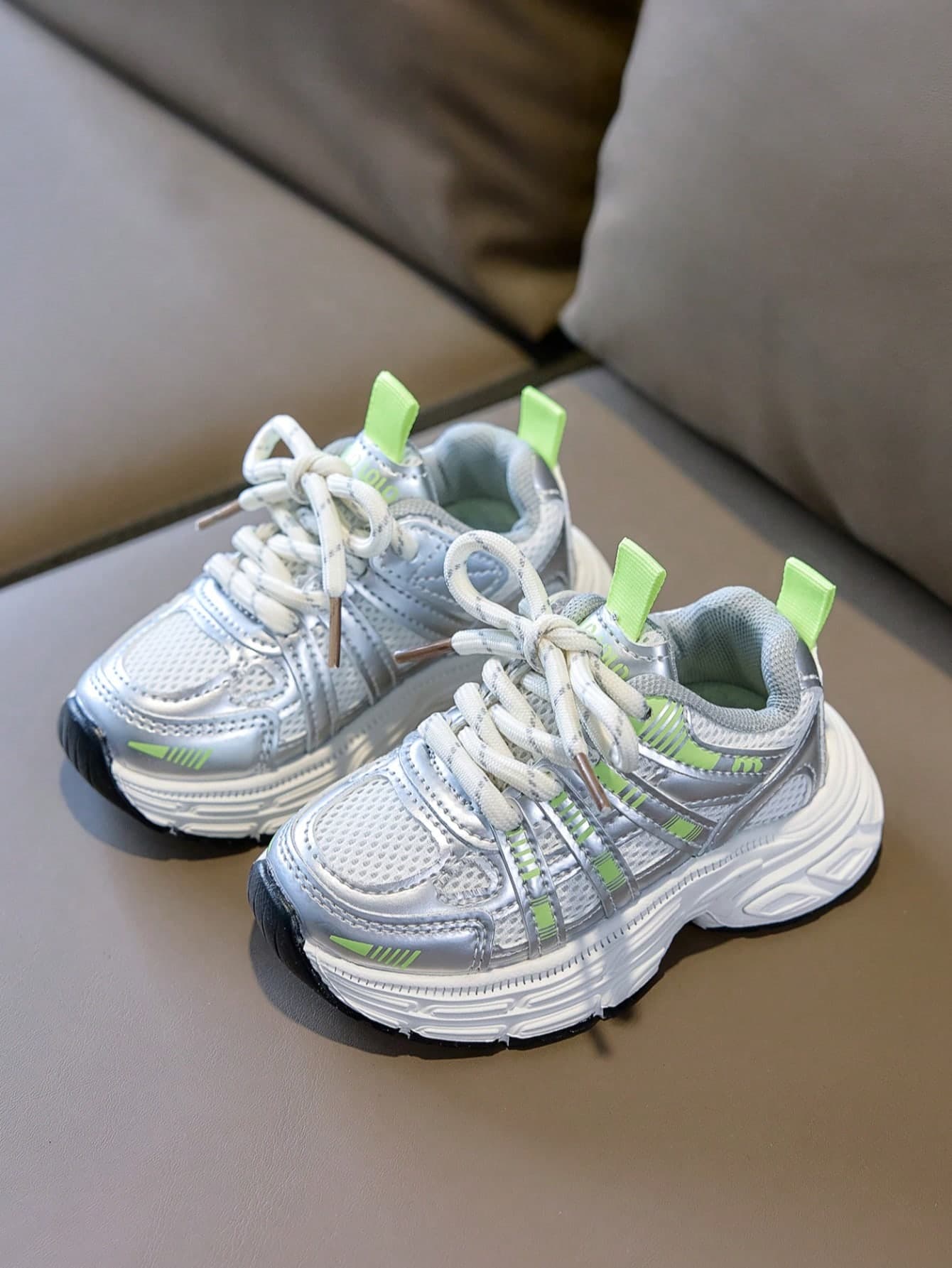 Children's Silver Green Chunky Sneakers, All-Season Mesh Patchwork Design, Comfortable Breathable Outdoor Sports Shoes, Casual Shoes, Lightweight Sole Running Shoes, Baby Shoes