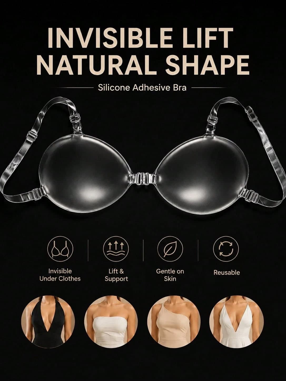 Convertible Silicone Bra With Clear Straps - All-Day Hold, Perfect For Backless & Plunging Styles