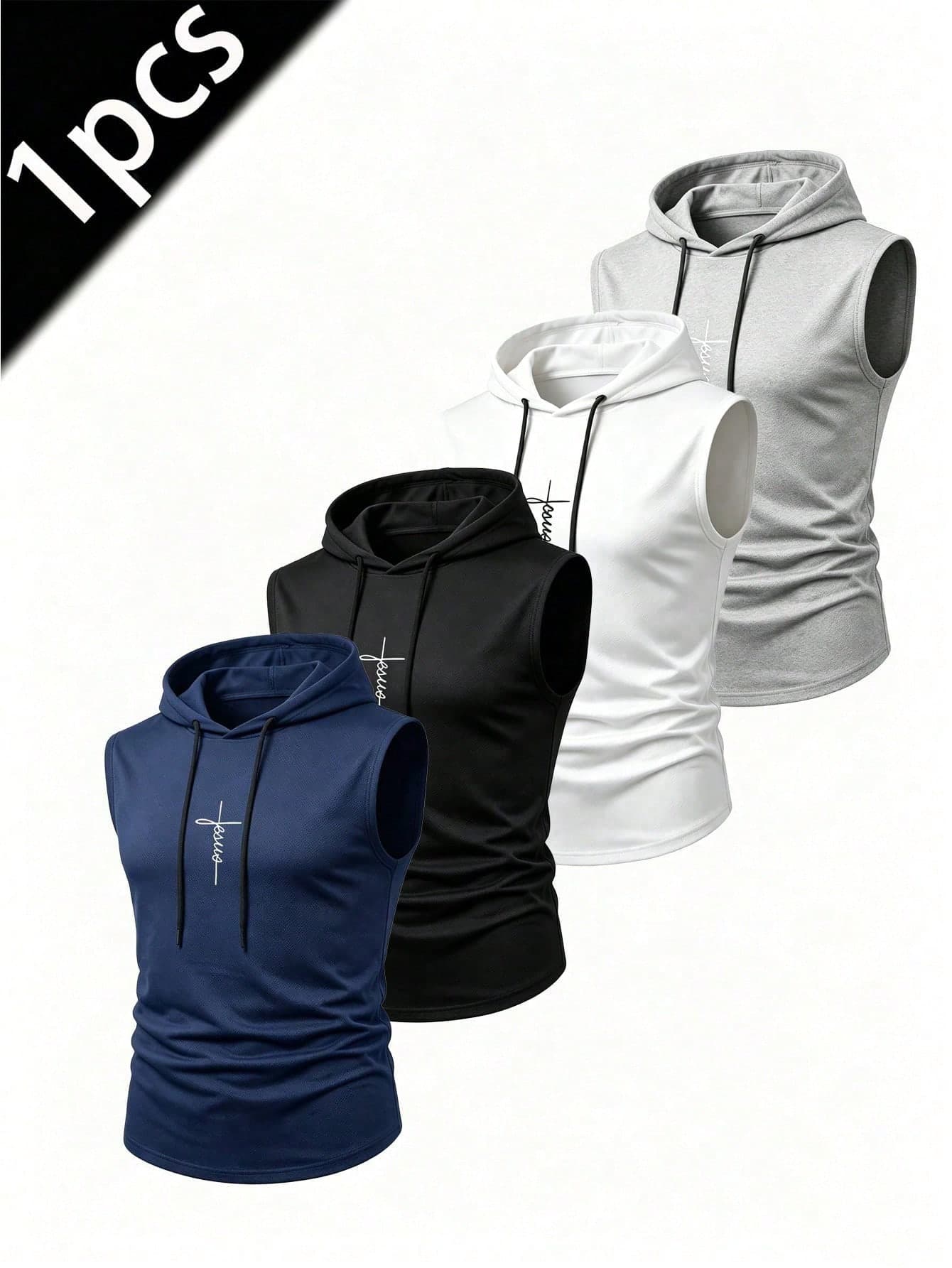 Men's Casual Hooded Tank Top, Lightweight Fashionable Printed Vest For Outdoor Sports, Breathable Fitness Running