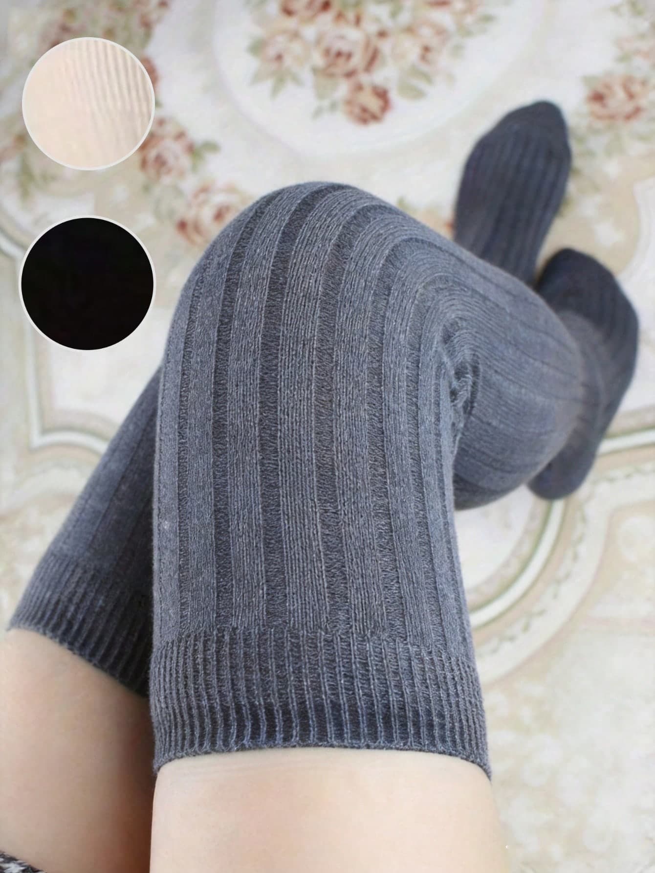 1 Pair Women's Ribbed Knit Knee-High Socks, Warm Elastic Knee-High Socks, Thick Vertical Striped Leg Warmers, Knee-High Socks, Black, White, Gray, Casual Daily Legwear Accessory, Pair With Mini Skirts, Mary Jane Shoes Or Boots, Sweet Fashionable Korean Warm Socks, One Size Fits All, Fashionable Comfortable Long Socks
