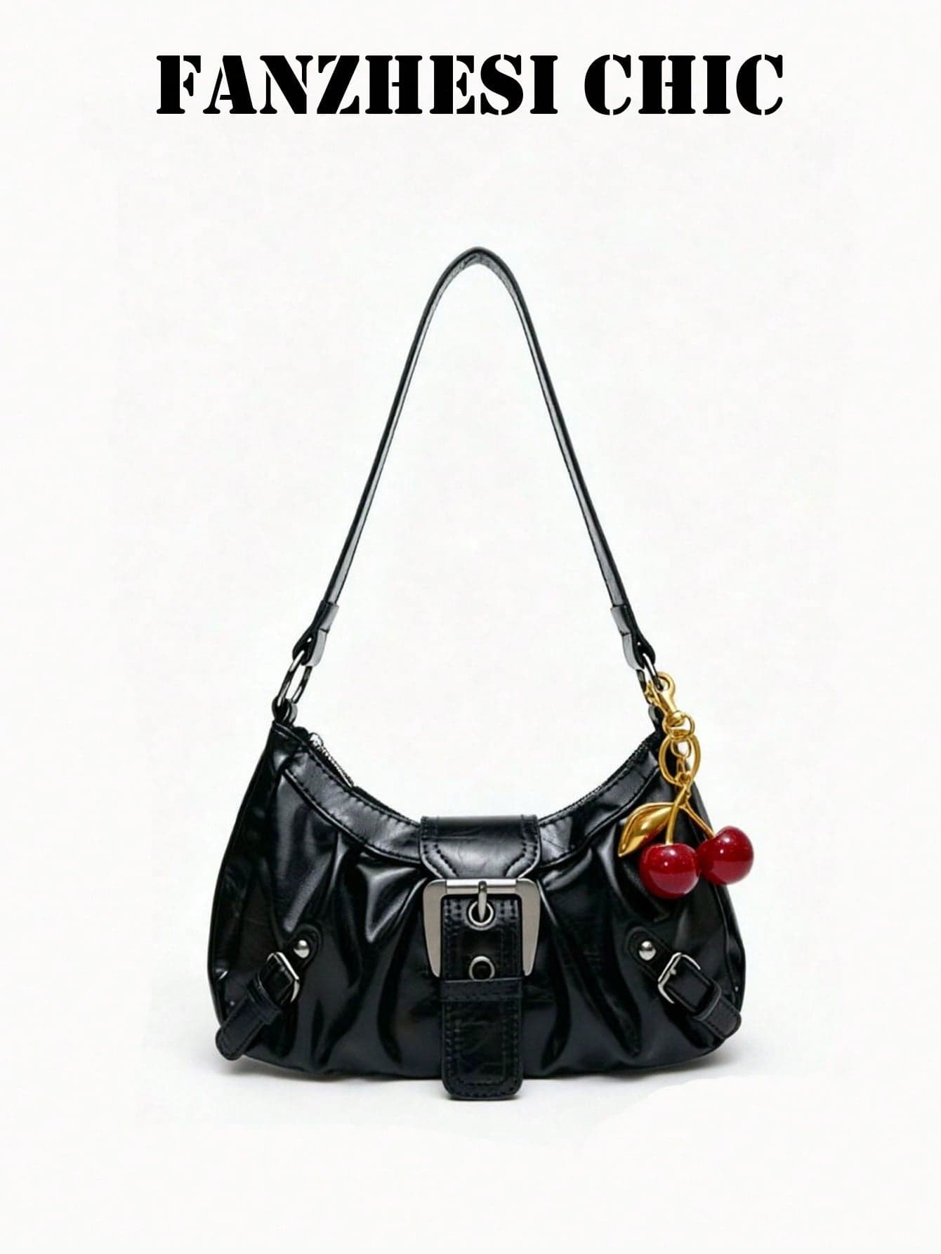 Black Ruched PU Baguette Shoulder Bag, Silver Buckle Front Strap With Cherry Pendant Chain, Small Underarm Bag, Suitable For Cool Street Girls, Perfect For Date Night, Weekend Shopping, City Strolling And Daily Outings.
