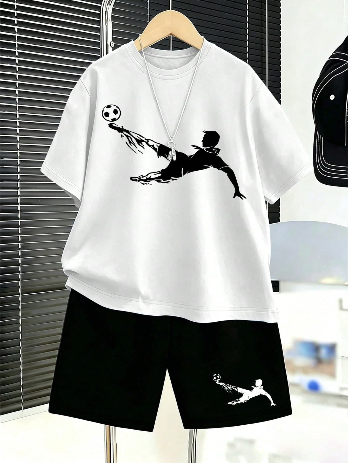 1pc Boys Sports Style Football Pattern Round Neck T-Shirt + Shorts Summer New Fashion Comfortable Set, Athleisure