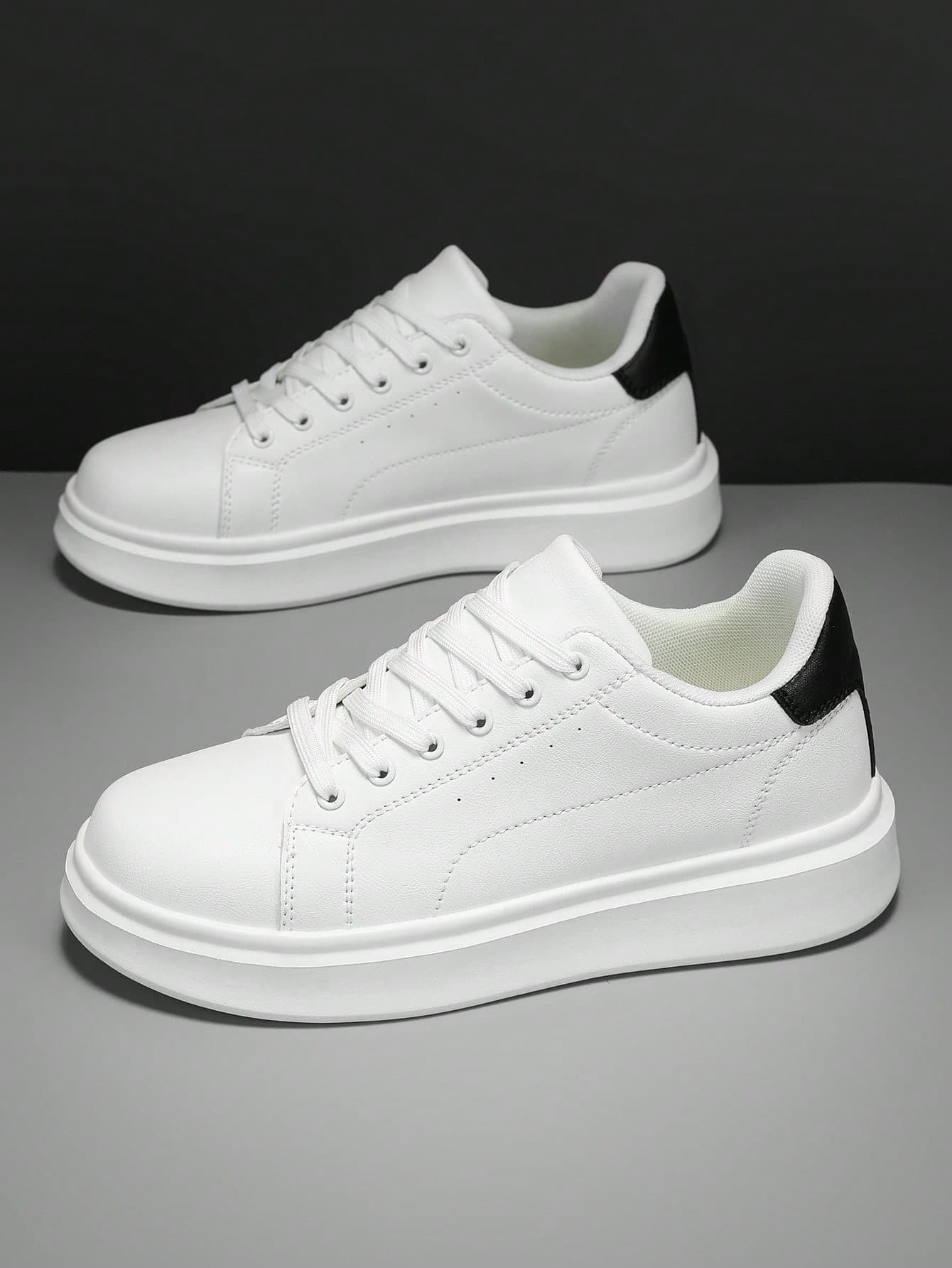 Men's Minimalist Colorblock PU Patchwork Low-Top Skateboard Shoes, Versatile Casual Sports White Sneakers For Teenagers, Campus Daily Wear, All Season
