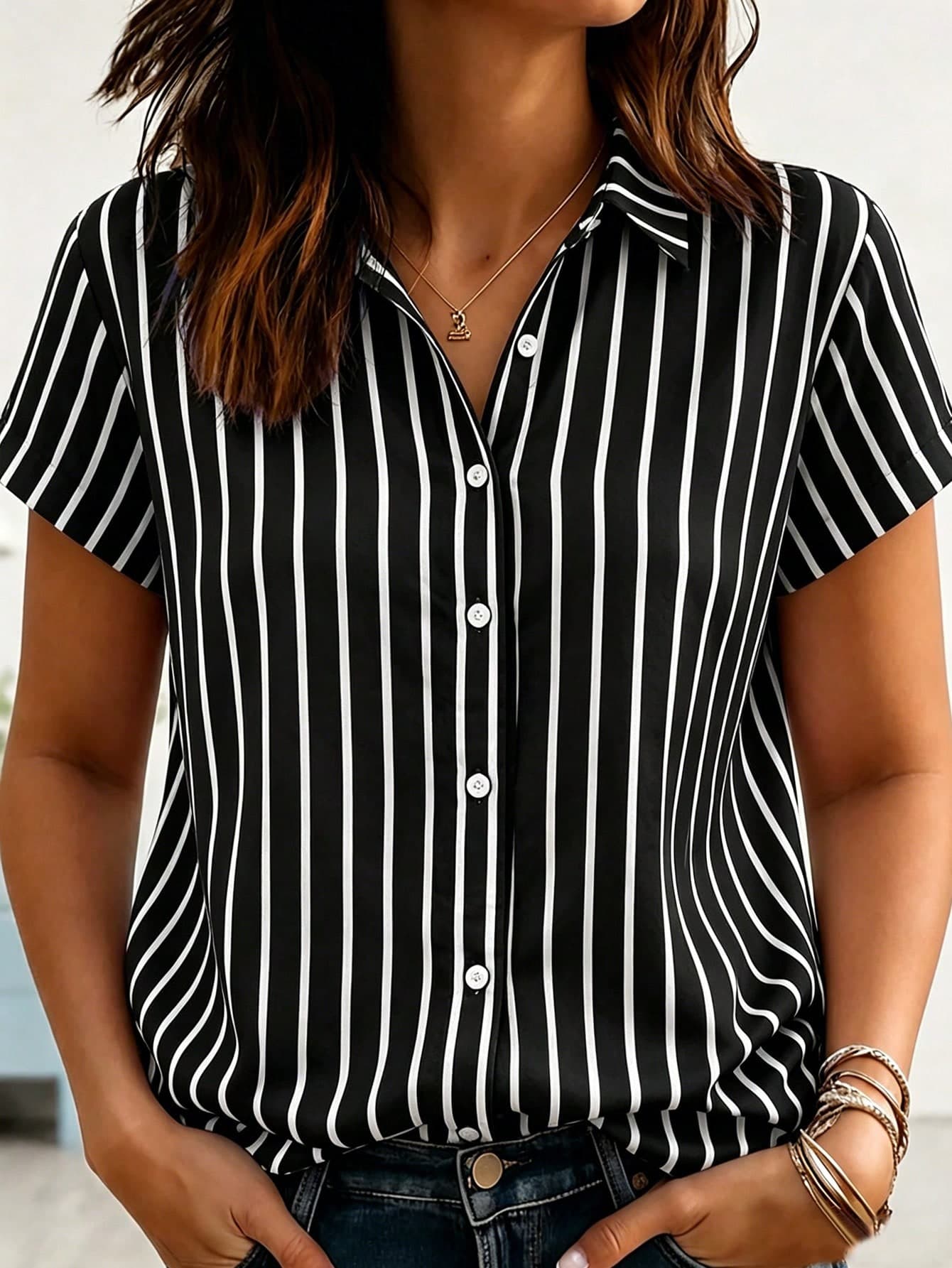 Plus Size Women Casual Striped Print Button Down Short Sleeve Shirt Blouse Black Summer
