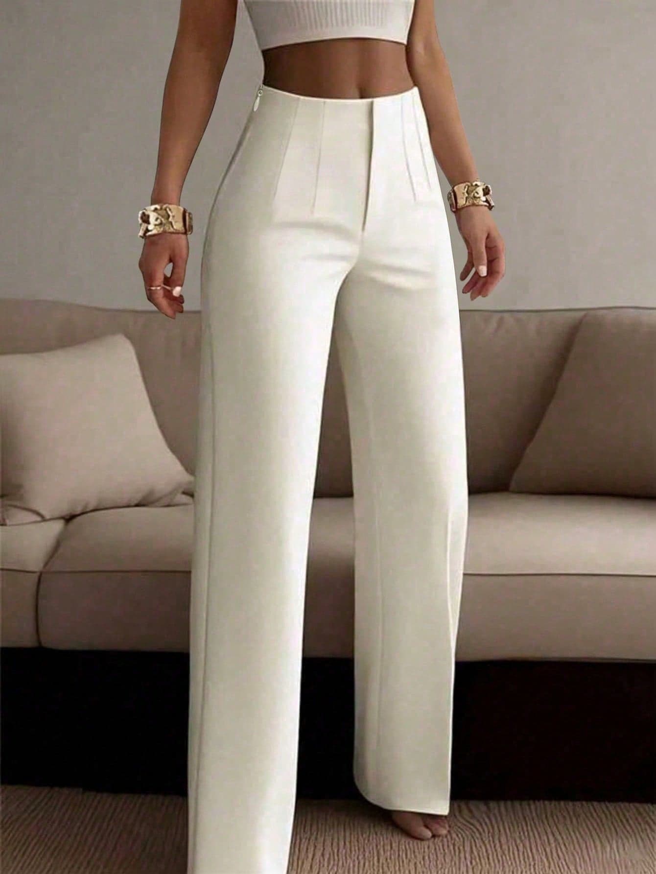 Women's Solid Color Wide Leg Straight Casual Pants, Minimalist Business Versatile Commuter Trousers, Quiet Luxury