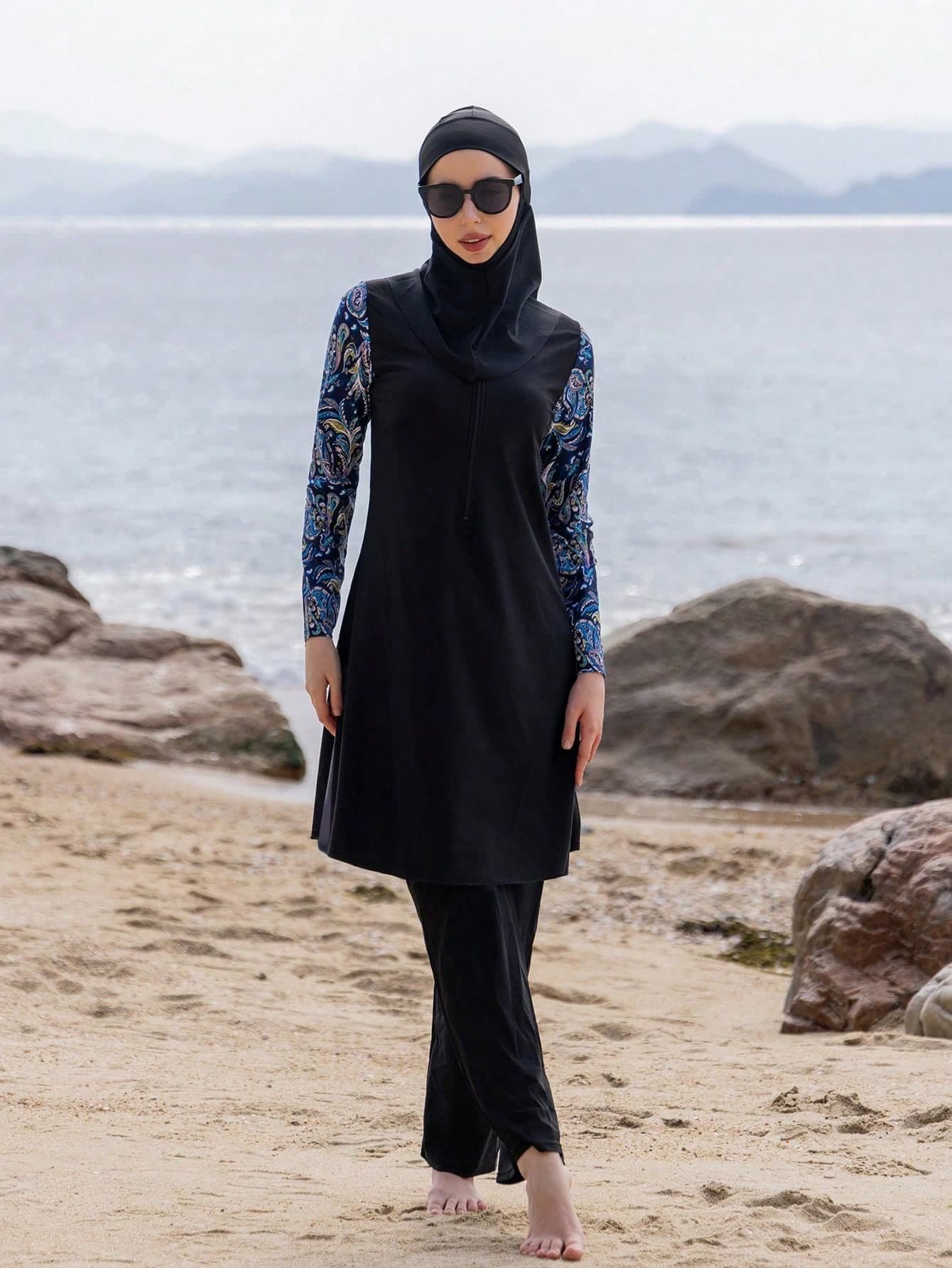 Middle Eastern Style 3 PiecesSplit Burkini With Hat, Conservative Full Body Swimwear For Women, Summer Beach Sports