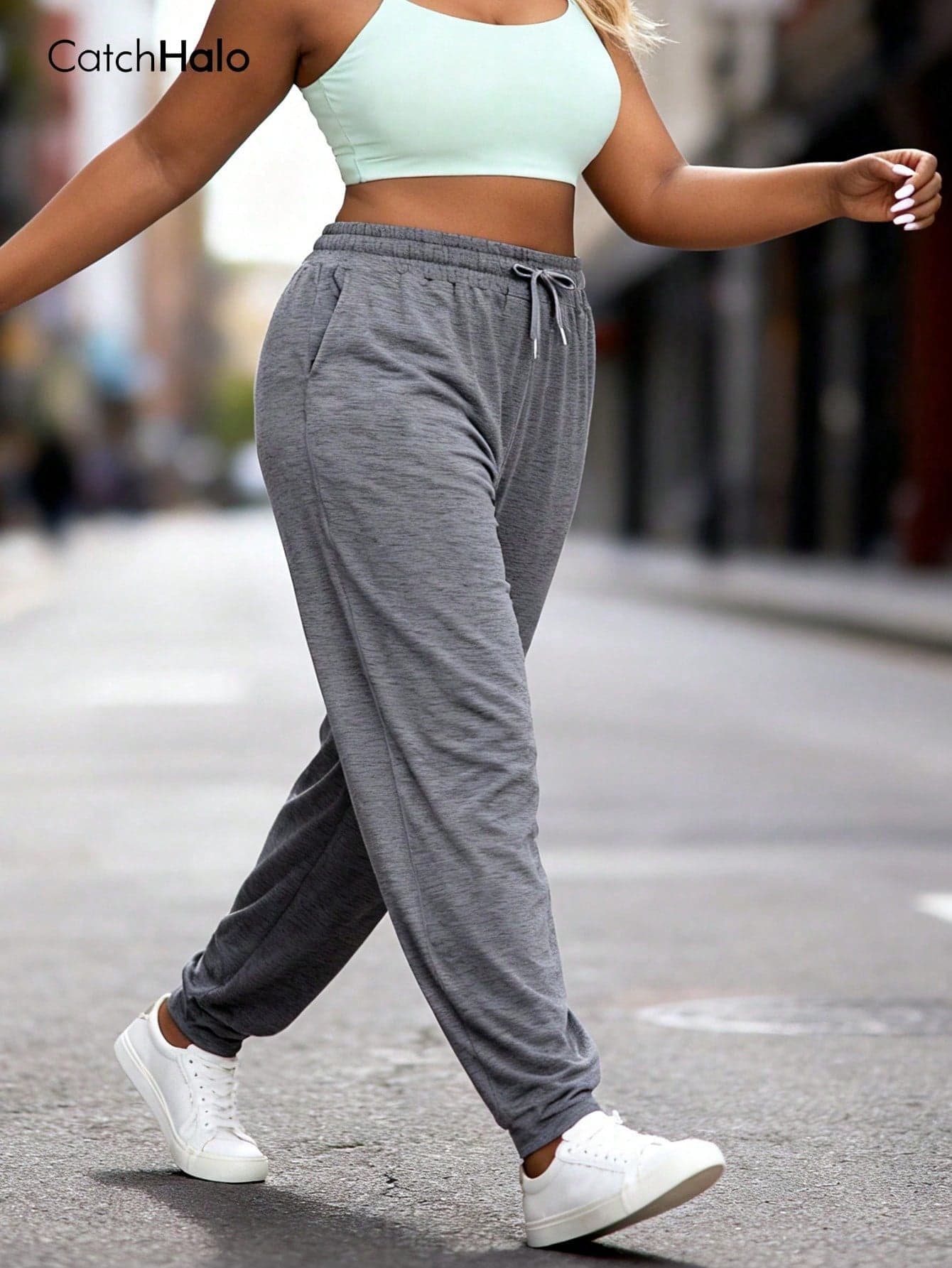 Plus Size Drawstring Solid Color Loose Jogger Pants With Pockets Spring Sports