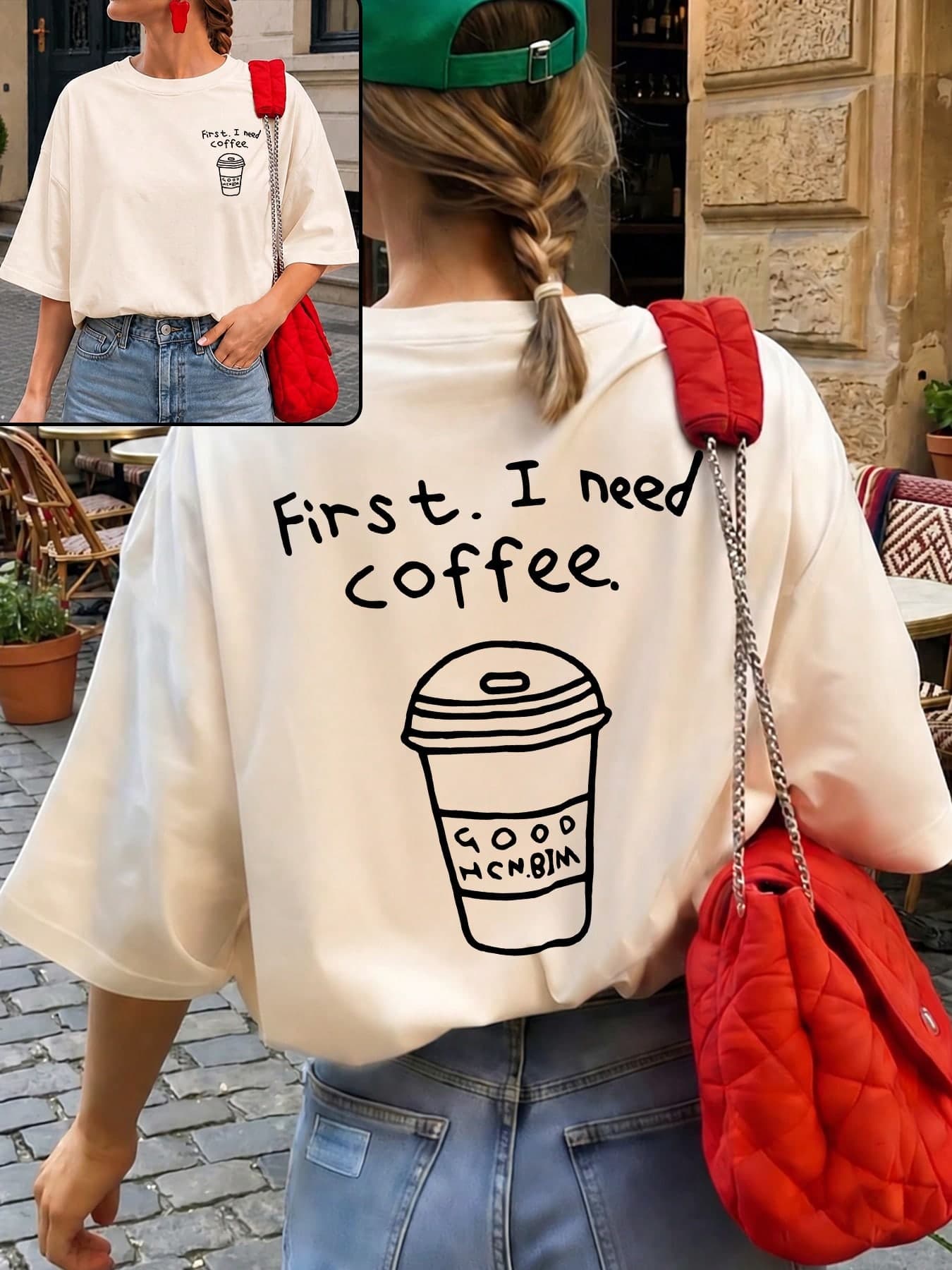 ZZG Es Trus, Summer Women's "Hand-Painted Coffee Cup" Pattern Printed Street Y2k Clothing Apricot Plus Size Top Round Neck Short Sleeved T-Shirt Casual
