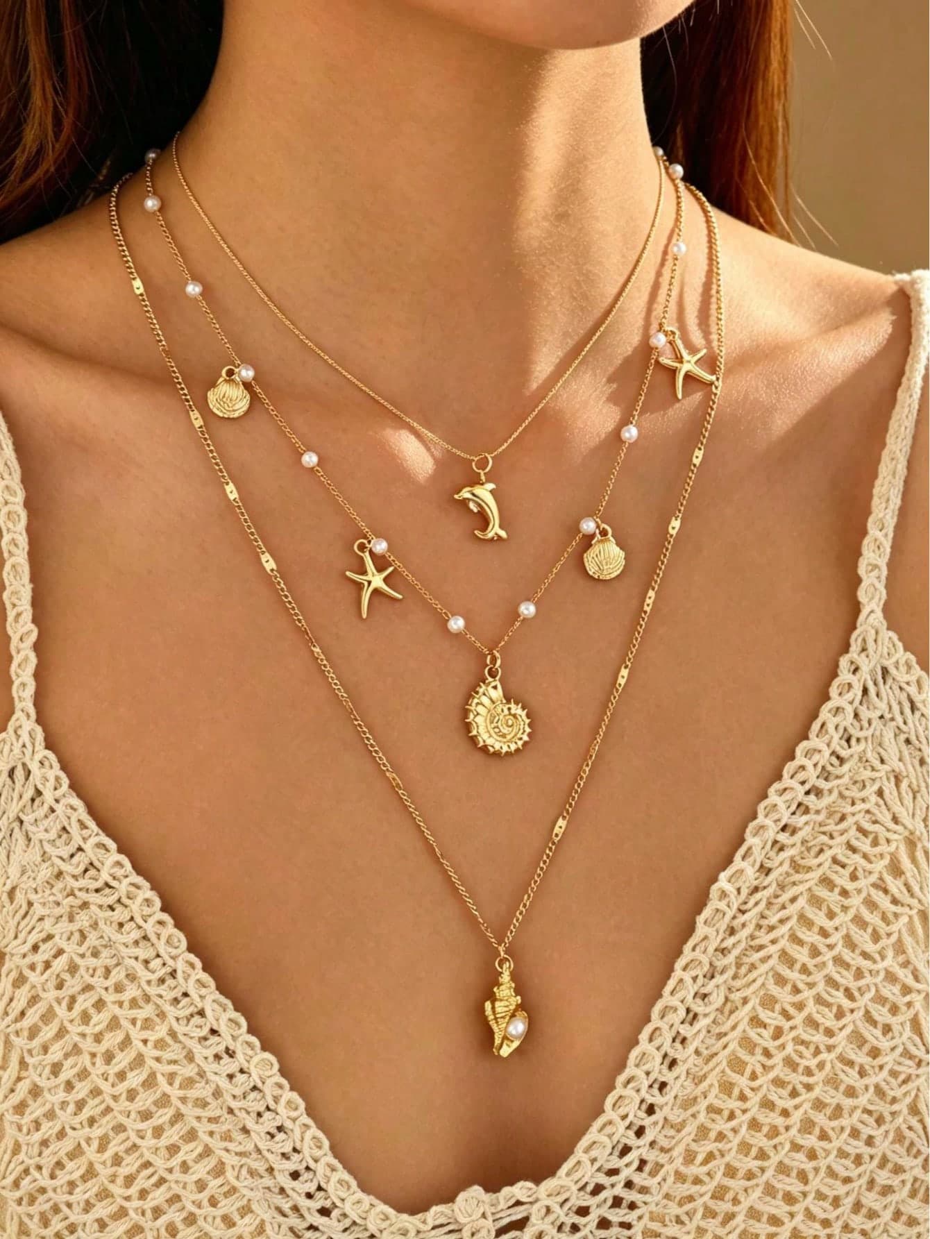 3pcs Summer Ocean Style Gold-Tone Necklace, Fashion Beach Vacation Style Metal Starfish, Seashell, Dolphin Combination Pendant, Women's Jewelry Neck Chain Suitable For Daily Wear And Vacation Travel, Handmade Chain Cut To Length