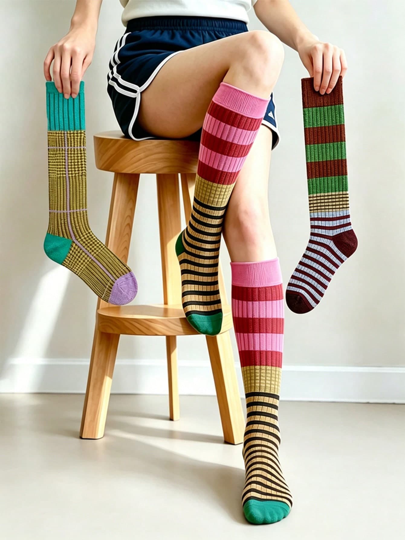 Women's Retro Contrast Color Striped Mid-Calf Socks, Breathable Non-Slip Stay Up Collegiate Style Versatile Leg Warmers