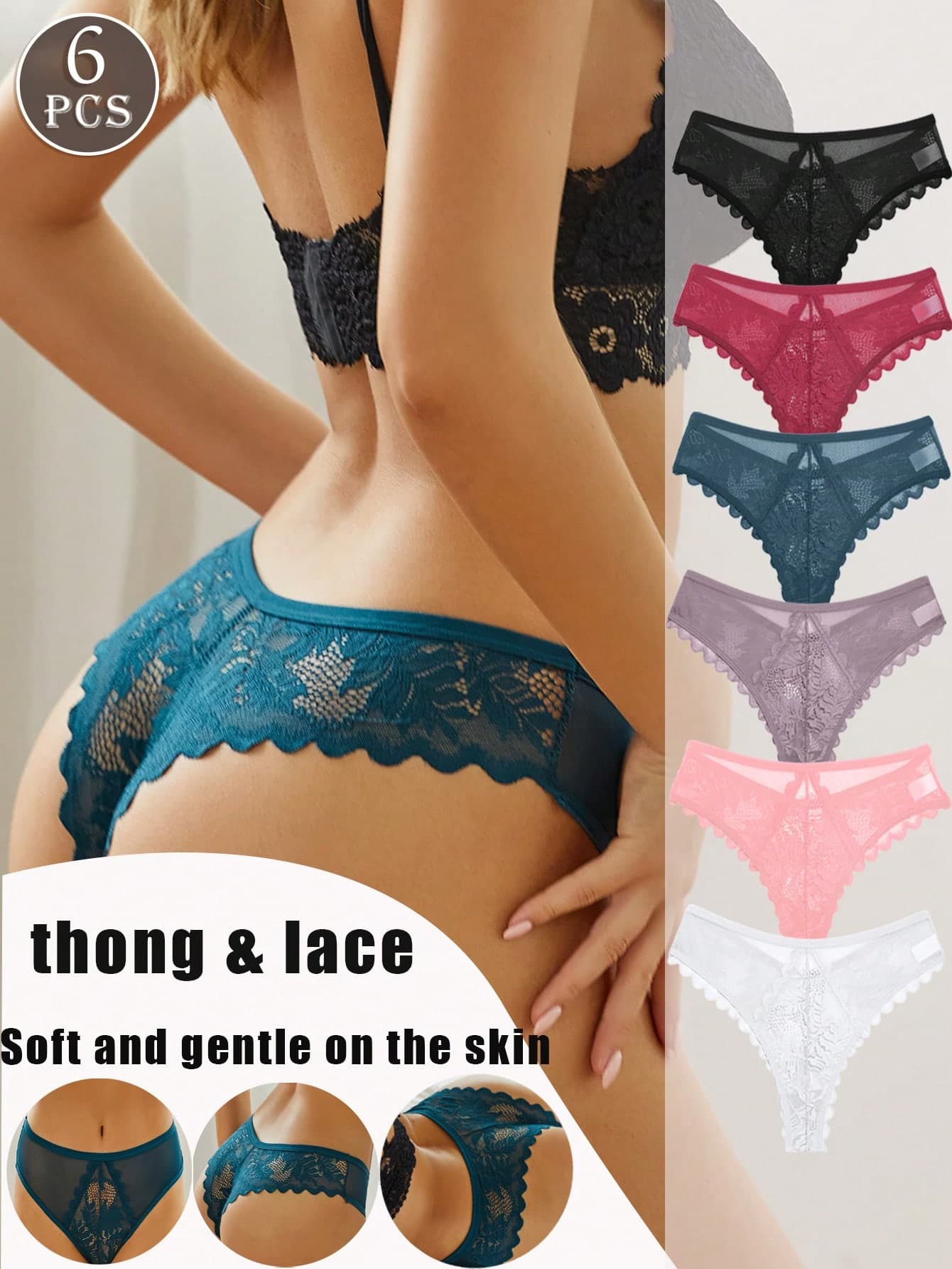 6pcs Women's Floral Lace Low Waist Sexy Thong Panties, Comfortable And Fashionable