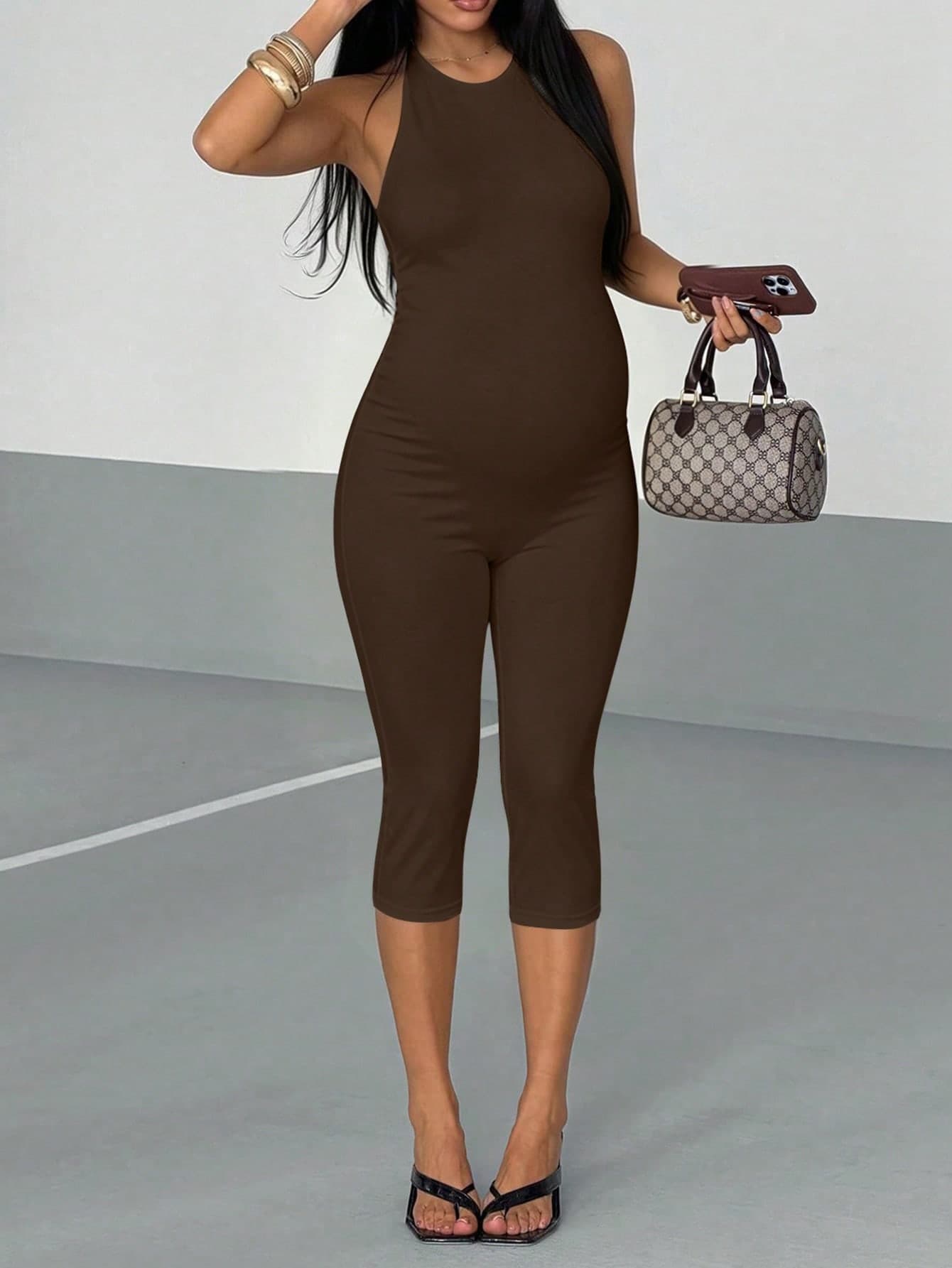 Parara Maternity Jumpsuit, Casual Comfortable, Halter Neck, Backless, High Elasticity, Skin-Hugging, Suggest Size Down, Sexy, Walking Summer