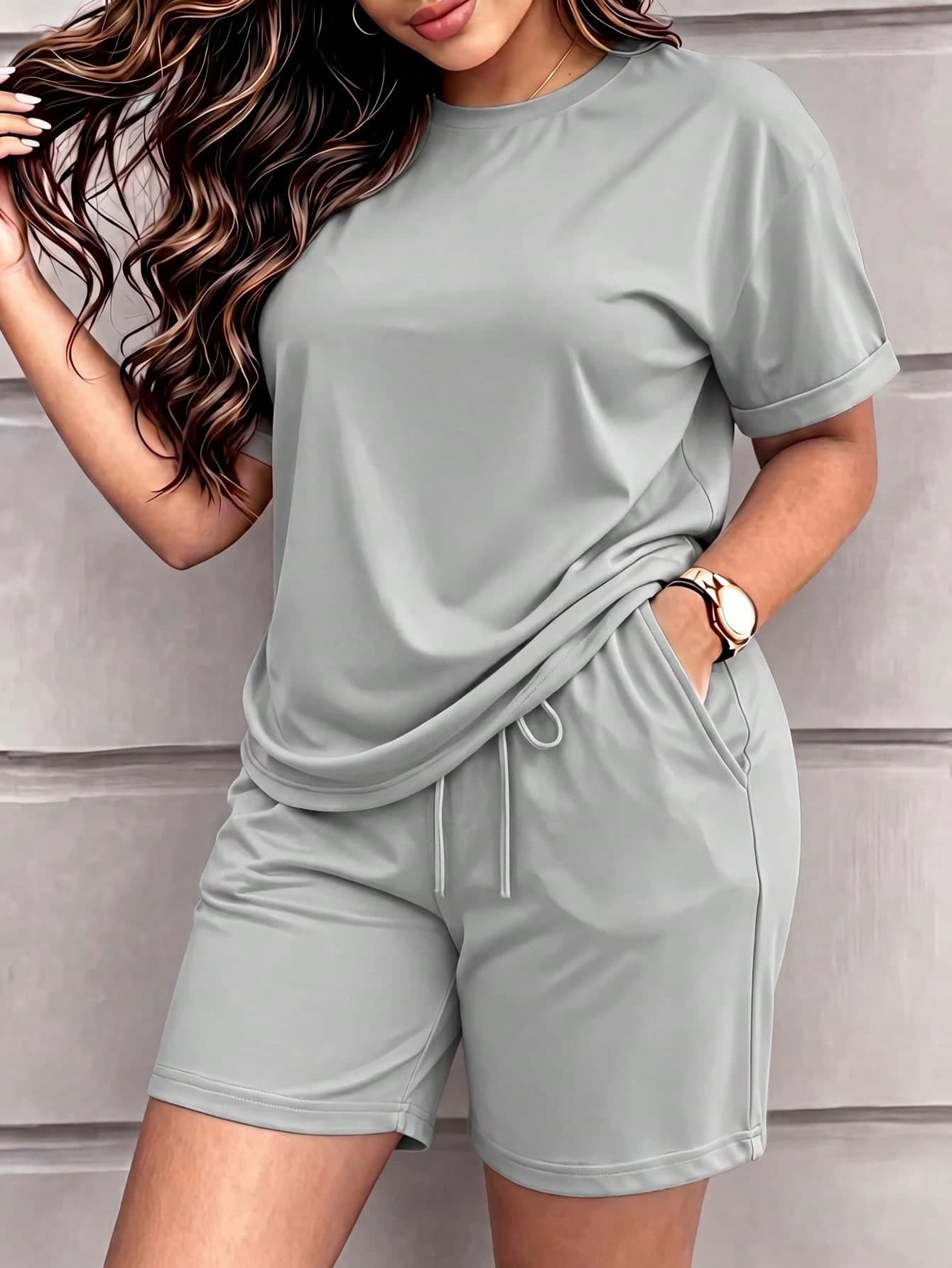 Spring/Summer Women's Solid Color Short Sleeve Retro Round Neck T-Shirt And Elastic Waist Drawstring Shorts 2-Piece Set, Casual Sports Outfit For Vacation & Loungewear, Pajama-Style, Outdoor, Sports, Running, Beach, Home, Athleisure