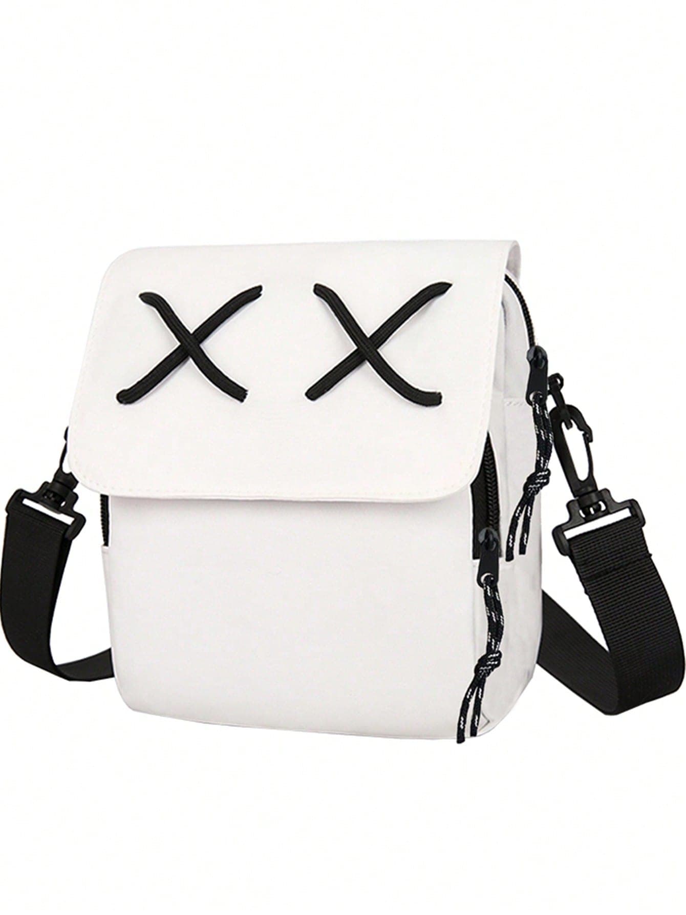 Cross X Drawstring Flap Crossbody Bag White Nylon Adjustable Wide Strap Mini Shoulder Purse For Women