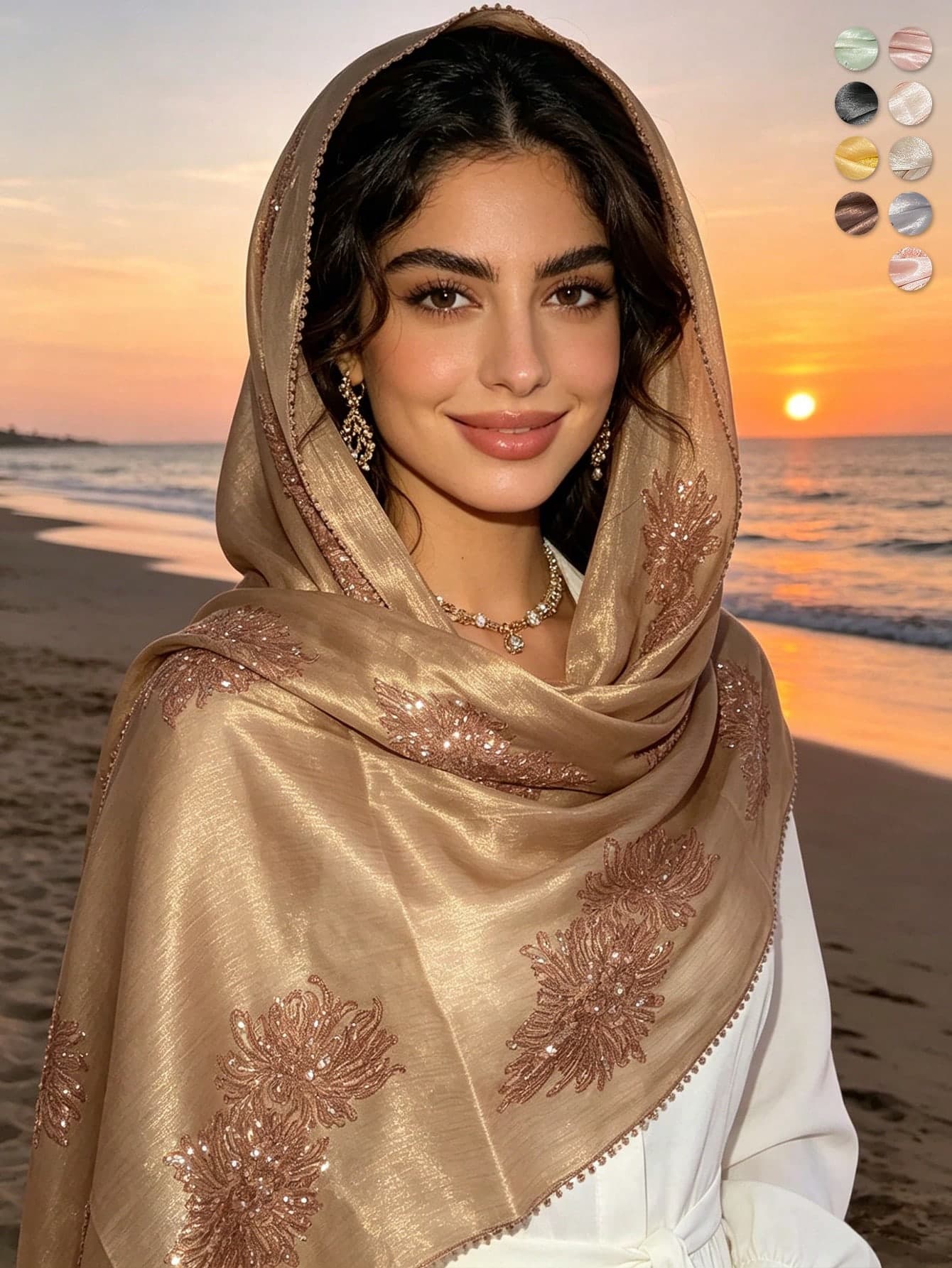 1pc Women's Elegant Premium Island Style Crinkled Sequin Embroidered Edge Silk Scarf Hijab Versatile Sun Protection Shawl Scarf Malaysia Shiny Silk Head Wrap