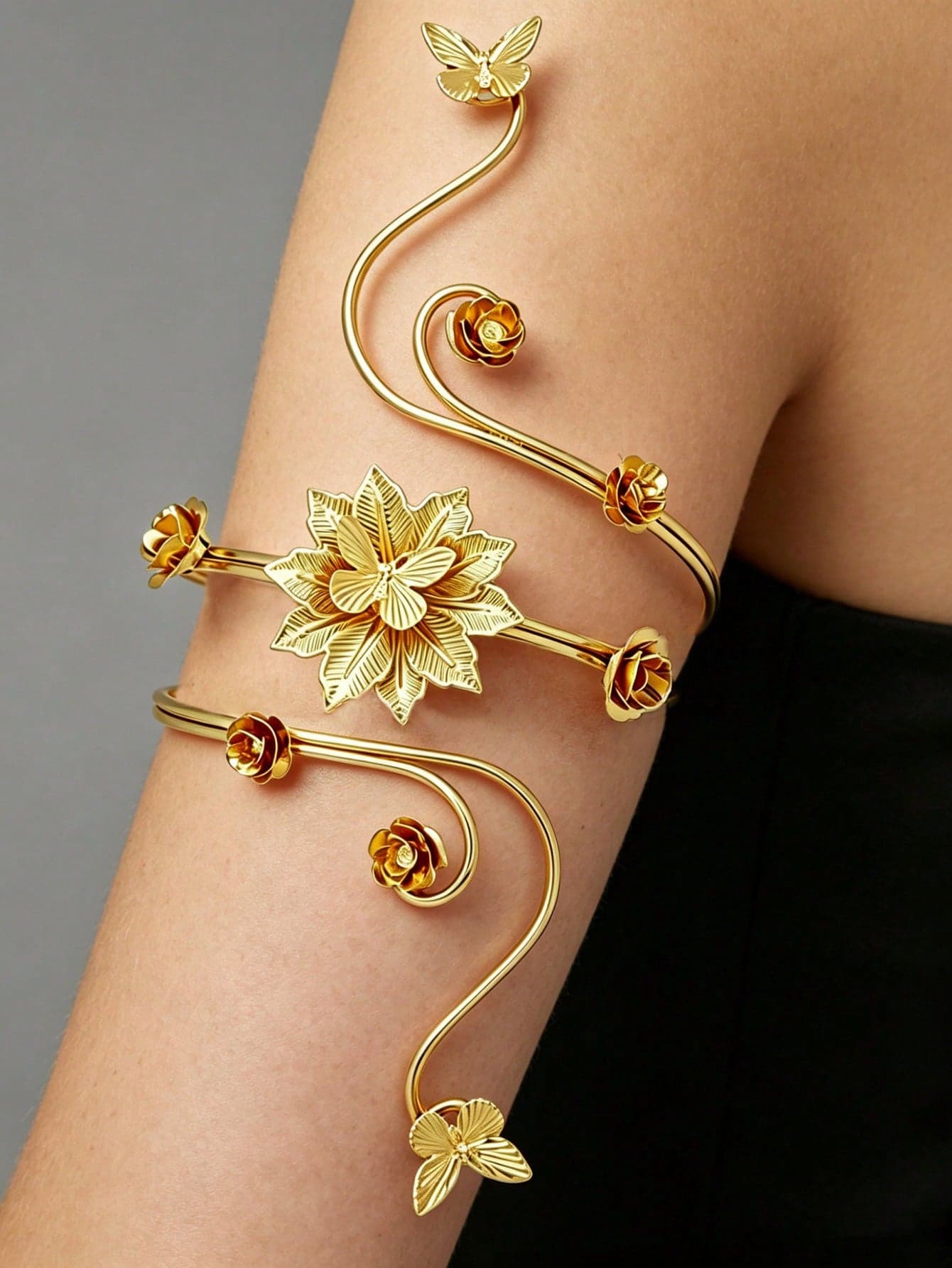Fashionable Floral Arm Bracelet Women's Exaggerated Geometric Asymmetrical Open Cuff Bracelet Arm Ring Vacation Style Accessory, High-End, Chinese Style, Luxurious And Elegant, Suitable For Attending Banquets, Parties, Weddings, Gifts For Friends