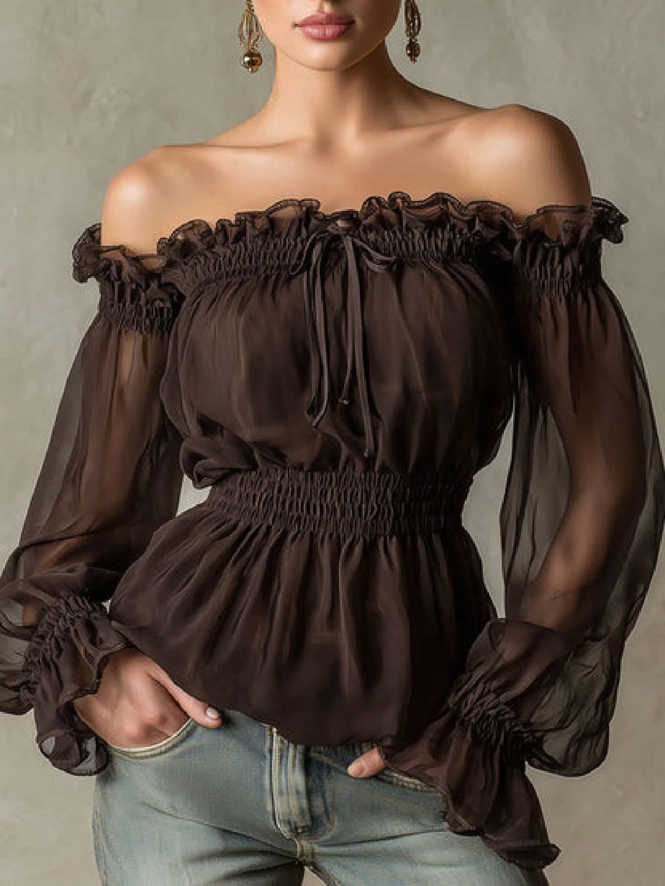 2026 New Off-Shoulder Bohemian Blouse, Puff/Lantern Sleeve Ruffle Chiffon Top, Brown Cold-Shoulder Ruffle Sleeve Shirt, Bohemian Tie-Front Open-Sleeve Chiffon Blouse, Vintage High-Neck Off-Shoulder Flowy Shirt, Summer Coffee Brown Peasant Top, Casual Date Night Wear, Elastic Ruched Waist Chiffon Blouse, Pastoral Sweet & Spicy Vintage Style, Autumn Casual/Vacation Wear, Plus Size Friendly
