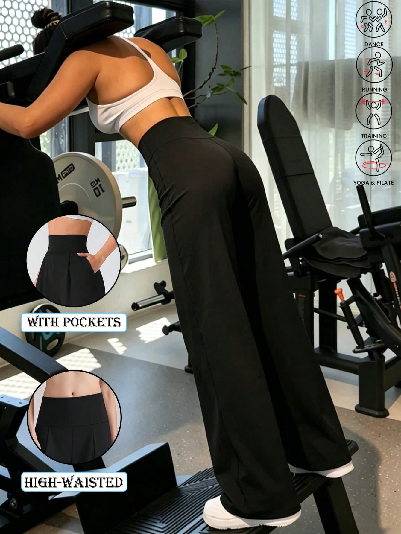 Women's High-Waist Wide Leg Sports Pants With Pockets, Solid Black, Casual Loose Fit, Tummy Control Design, Suitable For Gym, Yoga And Daily Wear