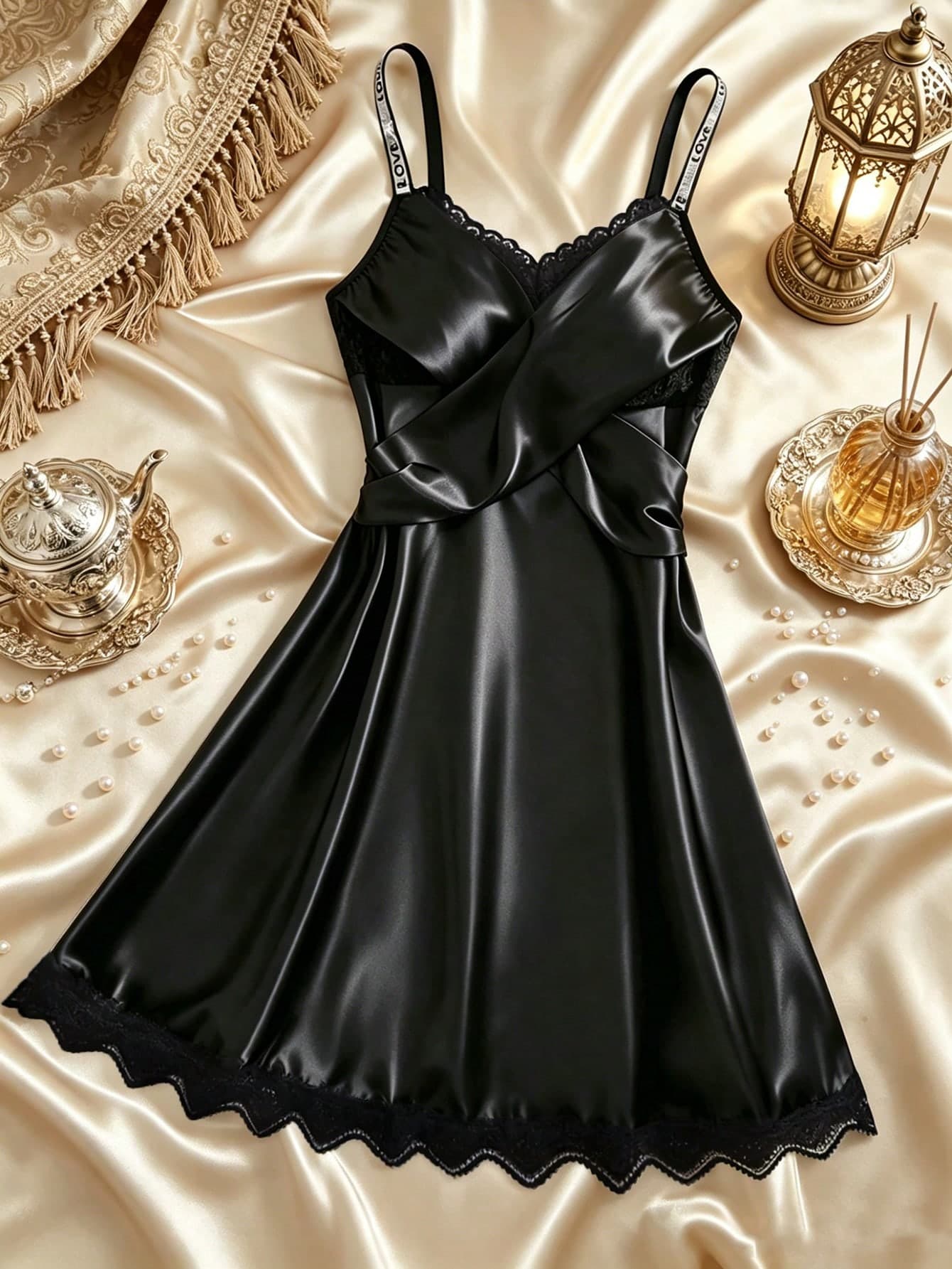Women's Sexy Lingerie Adjustable Shoulder Straps Criss-Cross Front Lace Trim Satin Nightgown Glossy Comfortable Home Wear Outing Vacation Gift