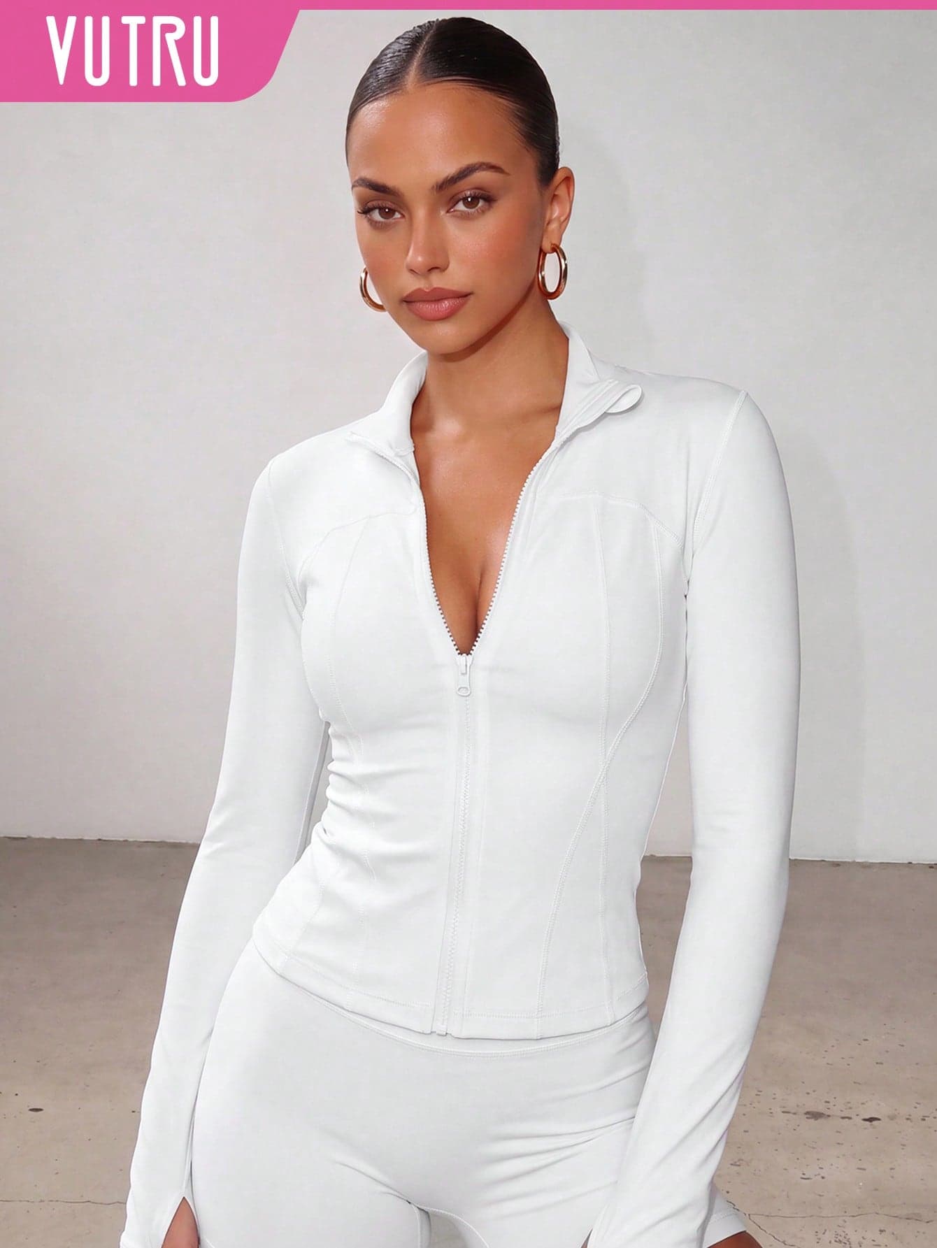 1pc Women's Sports Jacket With Thumb Hole, Slim Fit For Running And Yoga, VUTRU Brand White Spring