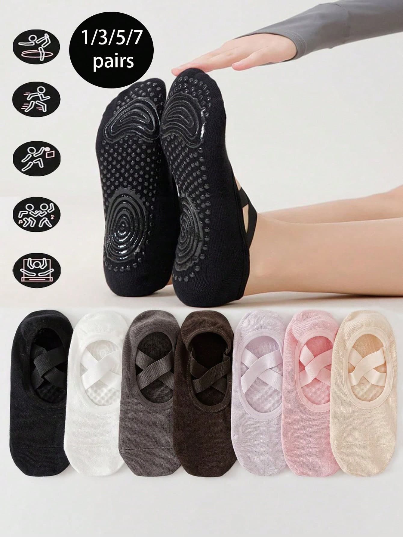 1/3/7 Pairs Women's Barre Pilates Yoga Socks, Silicone Non-Slip Yoga Socks, Professional Workout Grip, Suitable For Running, Gym, Pilates, Ballet And Floor Exercises - Multiple Colors (Black, Pink, Gray, Purple, Khaki), With Arch Support And Ankle Cushion - Ideal Gift For Dance And Fitness Enthusiasts, Essential Training Gear, Durable Material