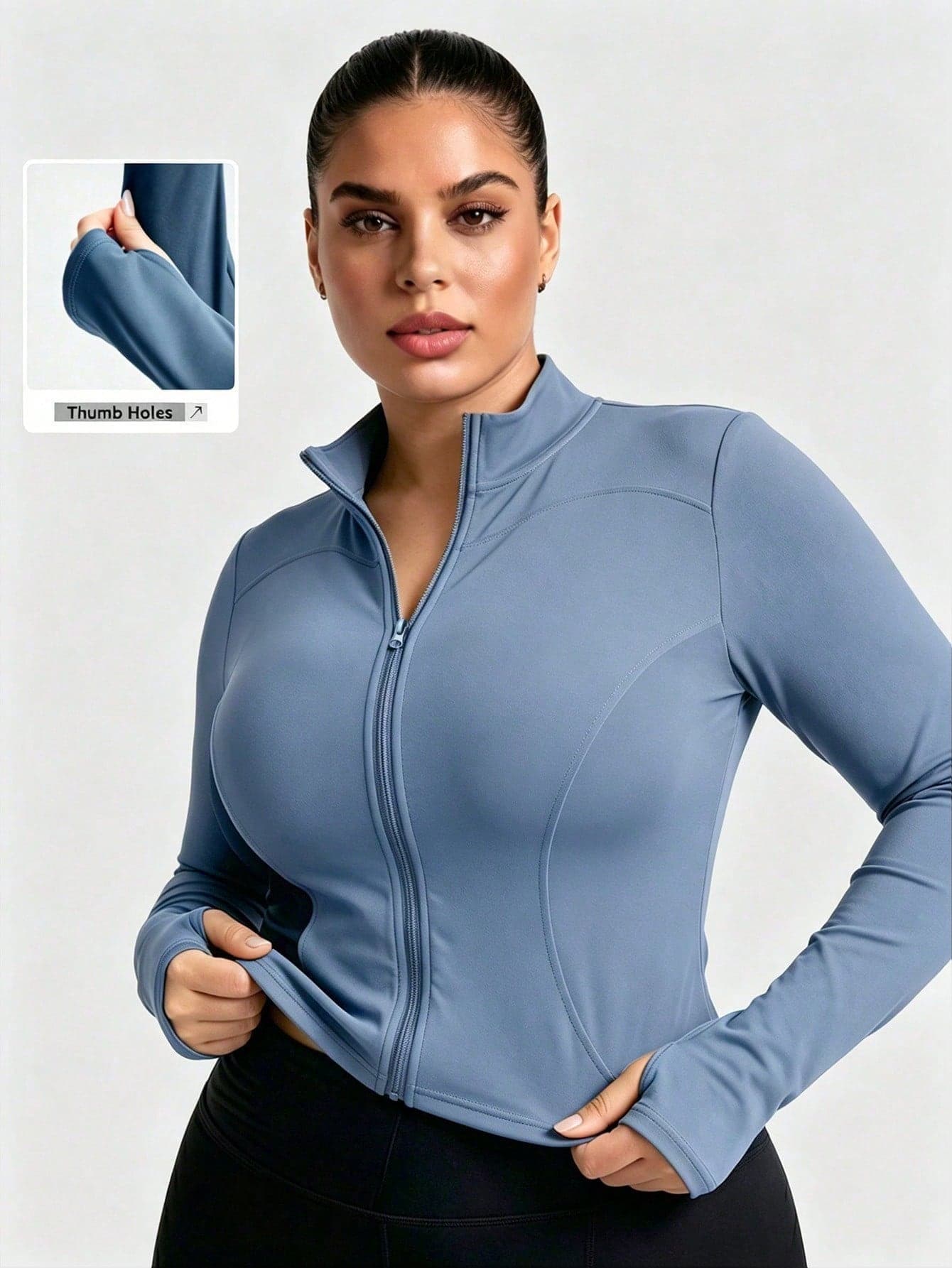 Plus Size Women's UV Protection Sports Jacket, With Thumb Hole, Stand Collar, Lightweight, Slim Fit, Suitable For Outdoor In Summer