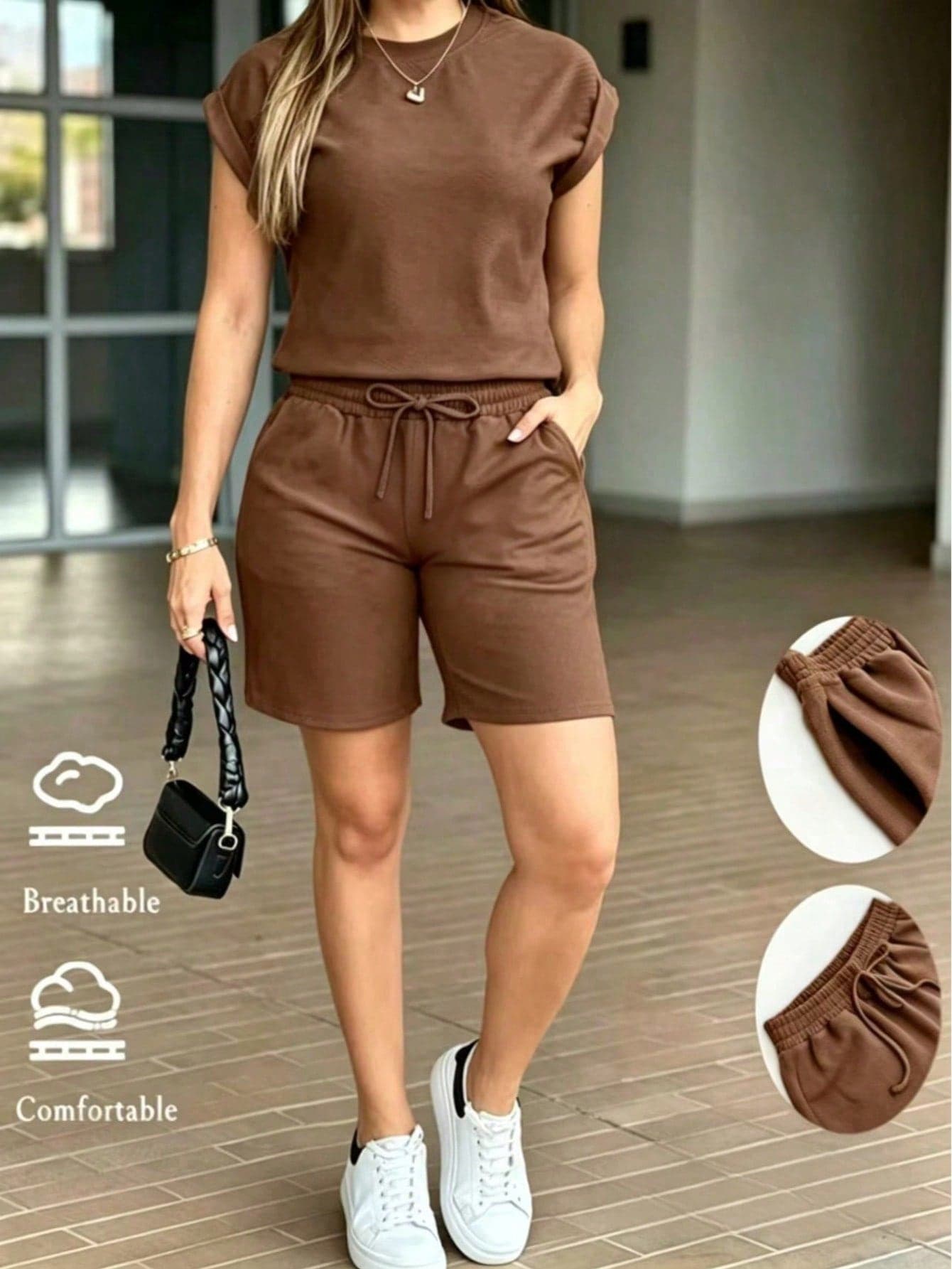 Comfortable Breathable Women's Brown Short Sleeve Top And Drawstring Bermuda Shorts Set Summer Elegant