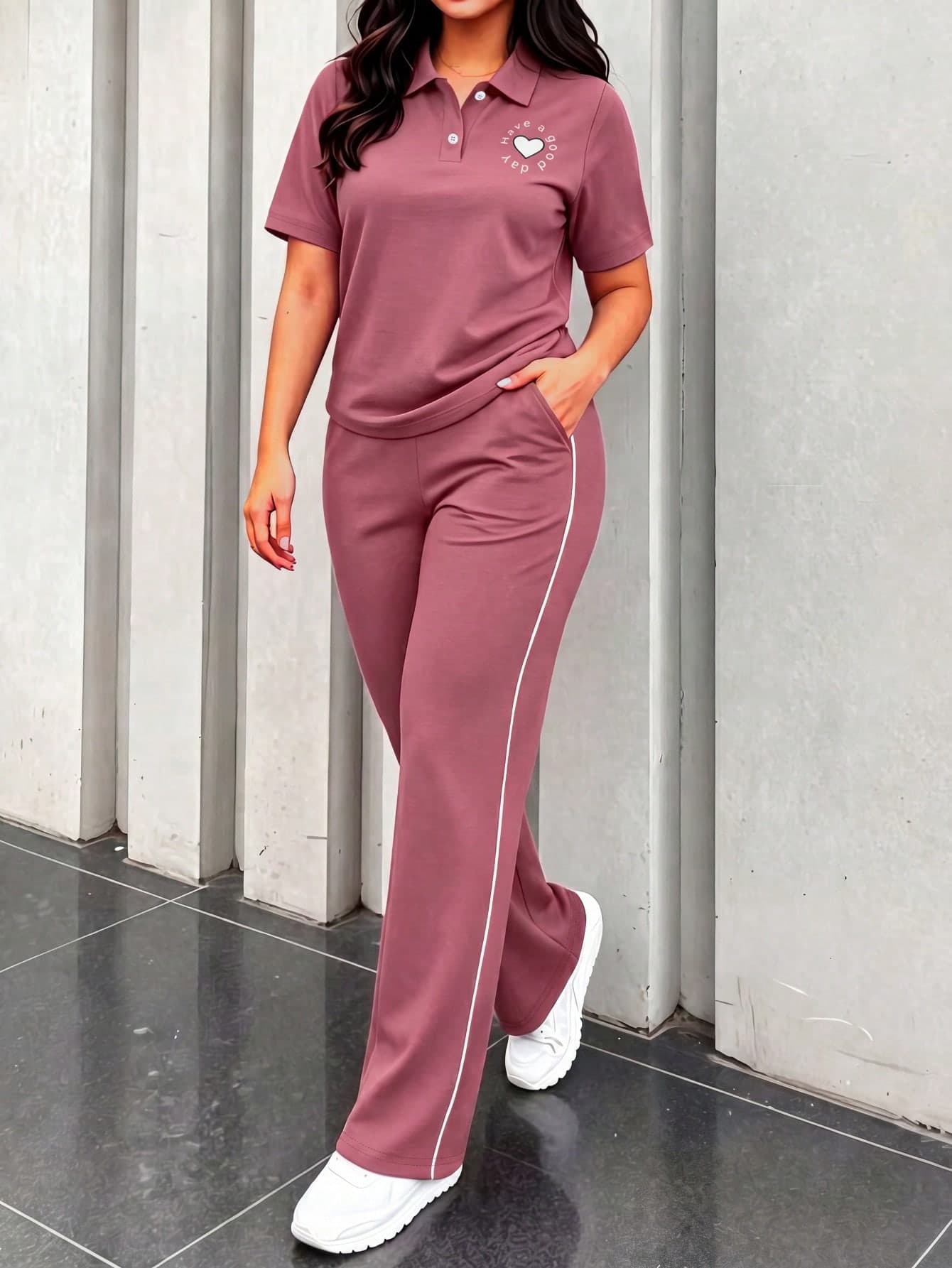 Casual Style Women's Fashion Commuter Set, Loose Solid Color Short Sleeve Jacket Top + Striped Contrast Straight Leg Pants 2pcs Set Summer