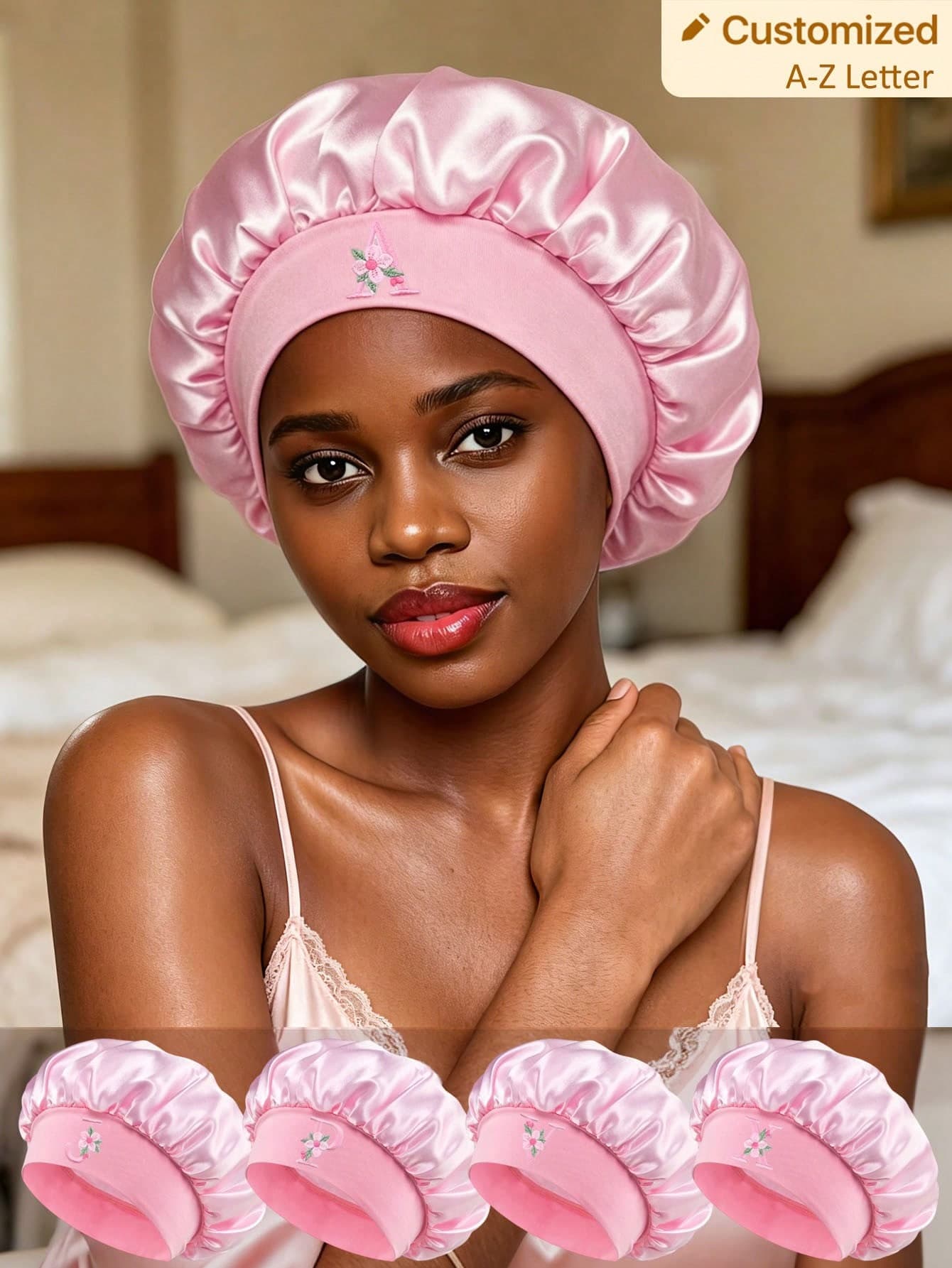 1pc Pink Satin Sleep Cap, A-Z Letter Print Sleep Cap, Customizable, Loose Elastic Satin Sleep Cap, Suitable For Hair Care, Travel, Hair Products, Hair Tools, Hair Accessories, Hairstylists And Hair Supplies