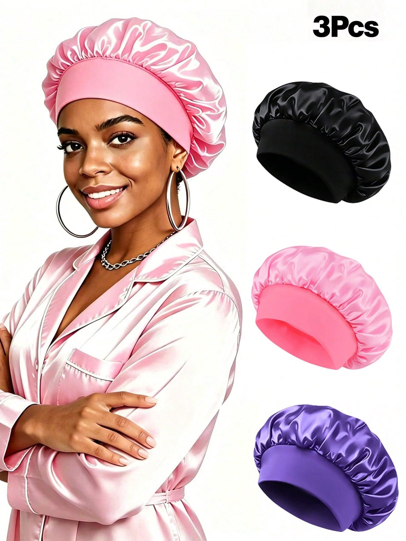 3pcs Satin Sleep Caps, Satin Hair Caps, Soft Elastic Band Satin Sleep Caps, Satin Hair Bonnet For Curly Hair