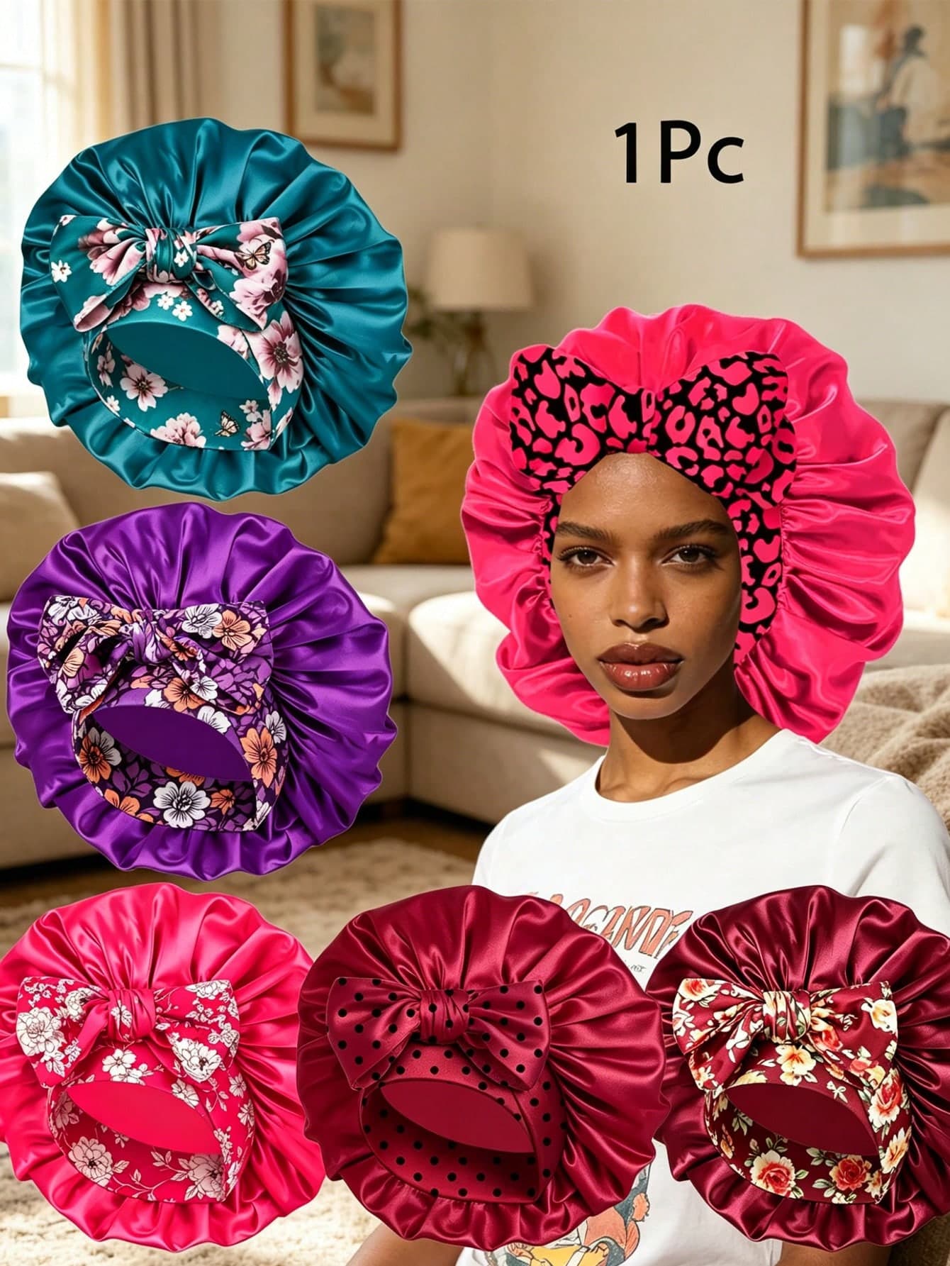 1pc Women's Bow Satin Sleep Cap, Loose Elastic Band Sleep Bonnet, Soft Silk Curly Hair Protection Cap, Night Sleep Hair Care Bonnet