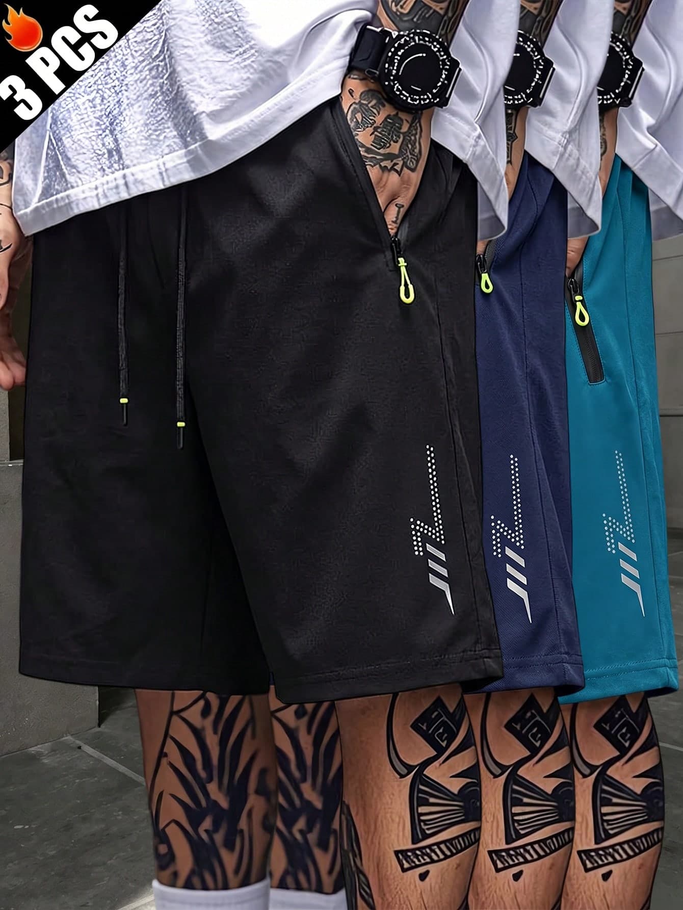 3pcs Casual Sports Shorts Single Pack Reflective Patch Zipper Pocket Moisture-Wicking Design Comfortable Lightweight Fabric Suitable For Outdoor Sports And Climbing Activities