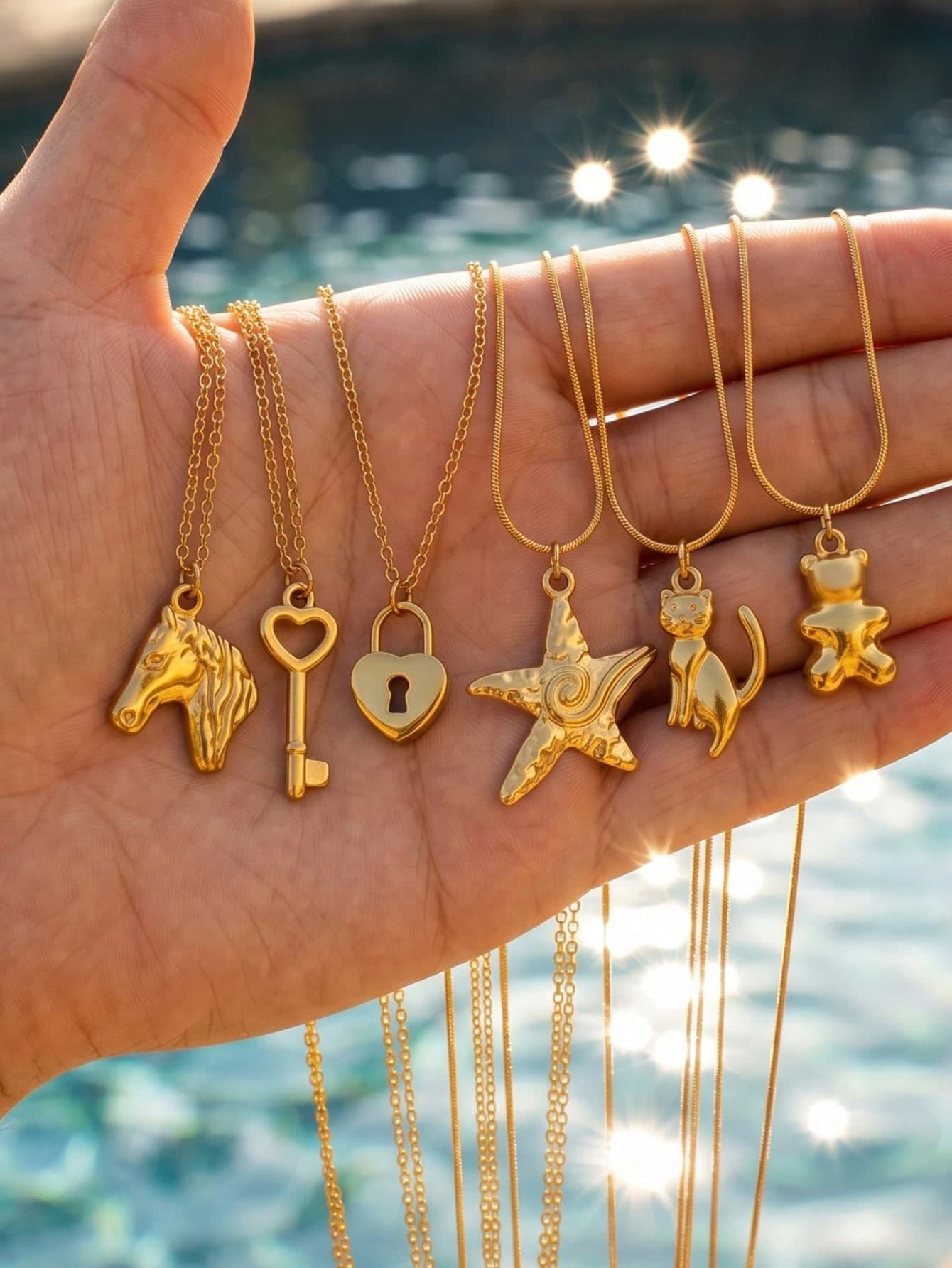1 Piece, 304 Stainless Steel 18K Gold-Plated Thin Chain Necklace With Multiple Cute Animal, Heart Lock & Key Pendants/Waterproof And Fade-Resistant