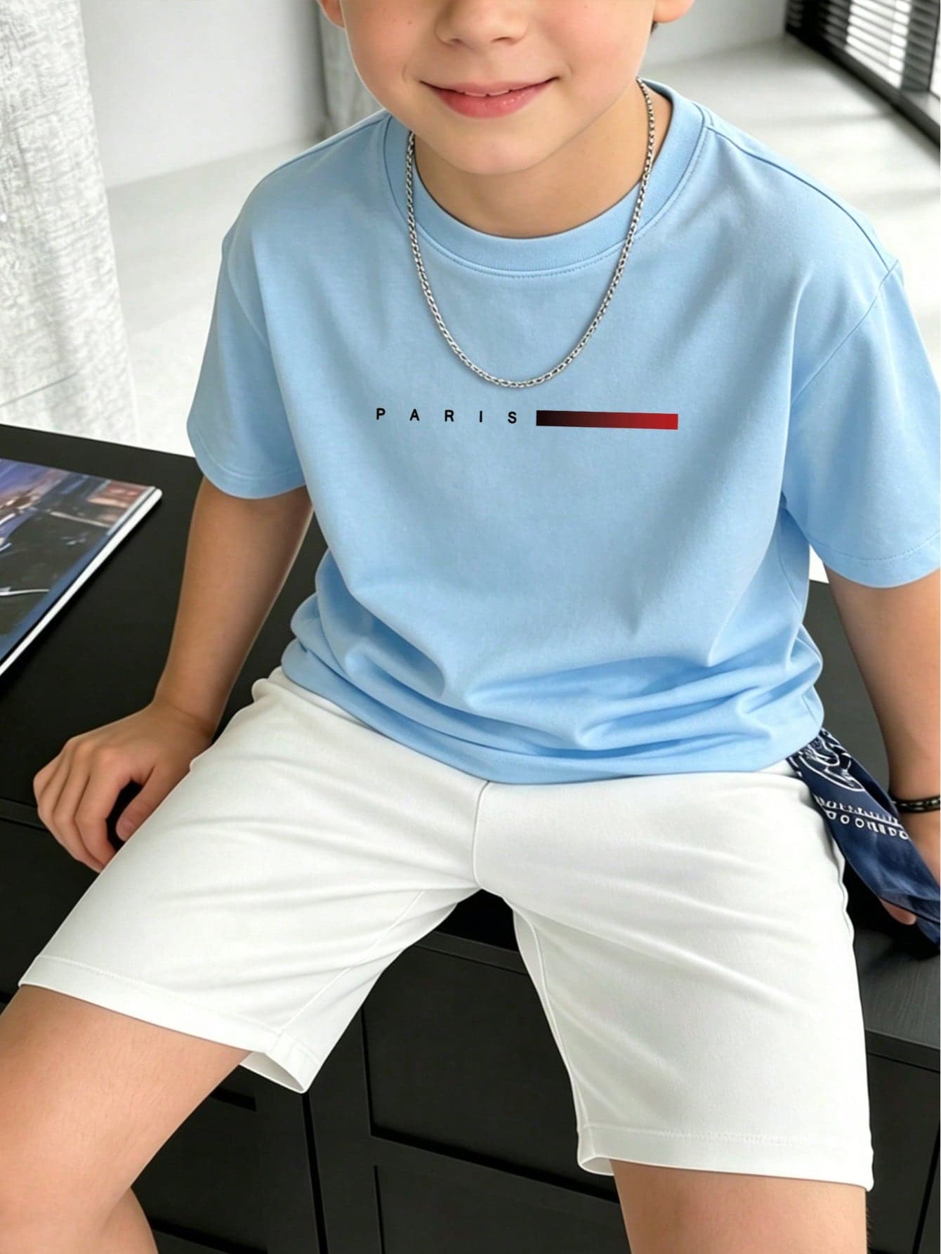 Tween Boys' Casual Navy Blue Round Neck Printed Short Sleeve T-Shirt, Summer Top