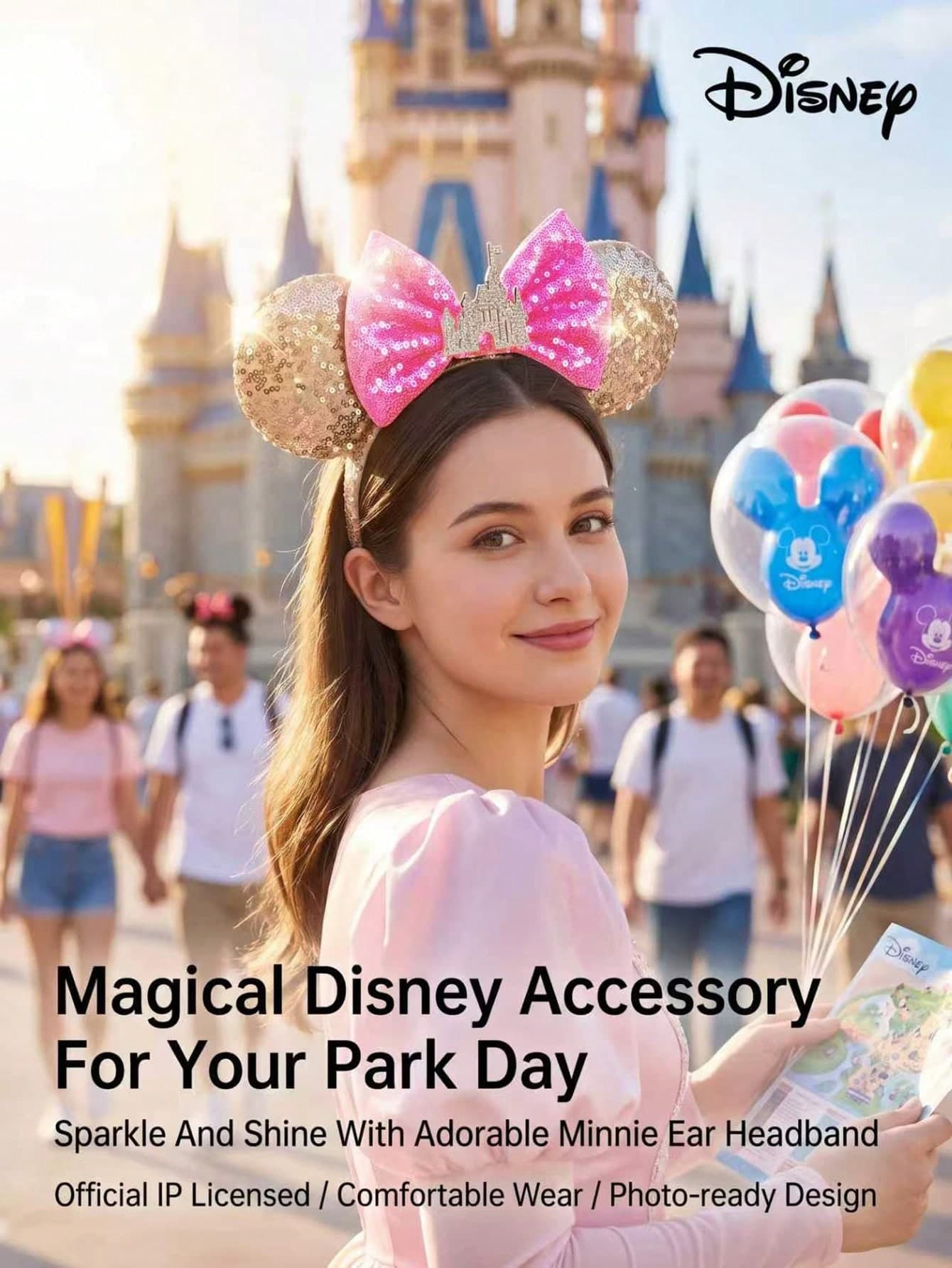 Disney Minnie Mouse Ear Headband, Gold Sequin Ears, Fuchsia Sequin Bow, Shiny Castle Pendant, Suitable For Disney Park Trip, Birthday Cosplay And Girls Holiday Gift