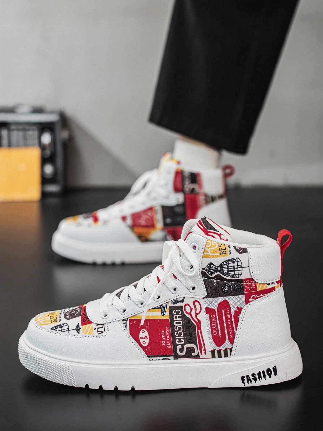 Men's Graffiti Patchwork High-Top Sneakers, Artistic Personalized Print, Breathable Soft Sole For Long-Wear Comfort, Versatile Streetwear Casual Shoes With Preppy Style