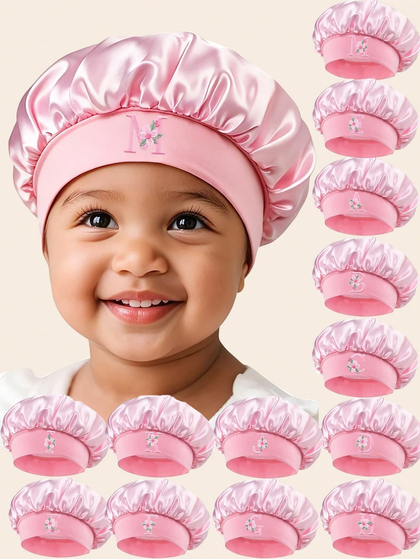 1pc Cute Toddler Night Hair Care Cap 1-3 Years Old Pink Floral Letter Satin Sleep Cap Home Sleep/Care Hair Cap